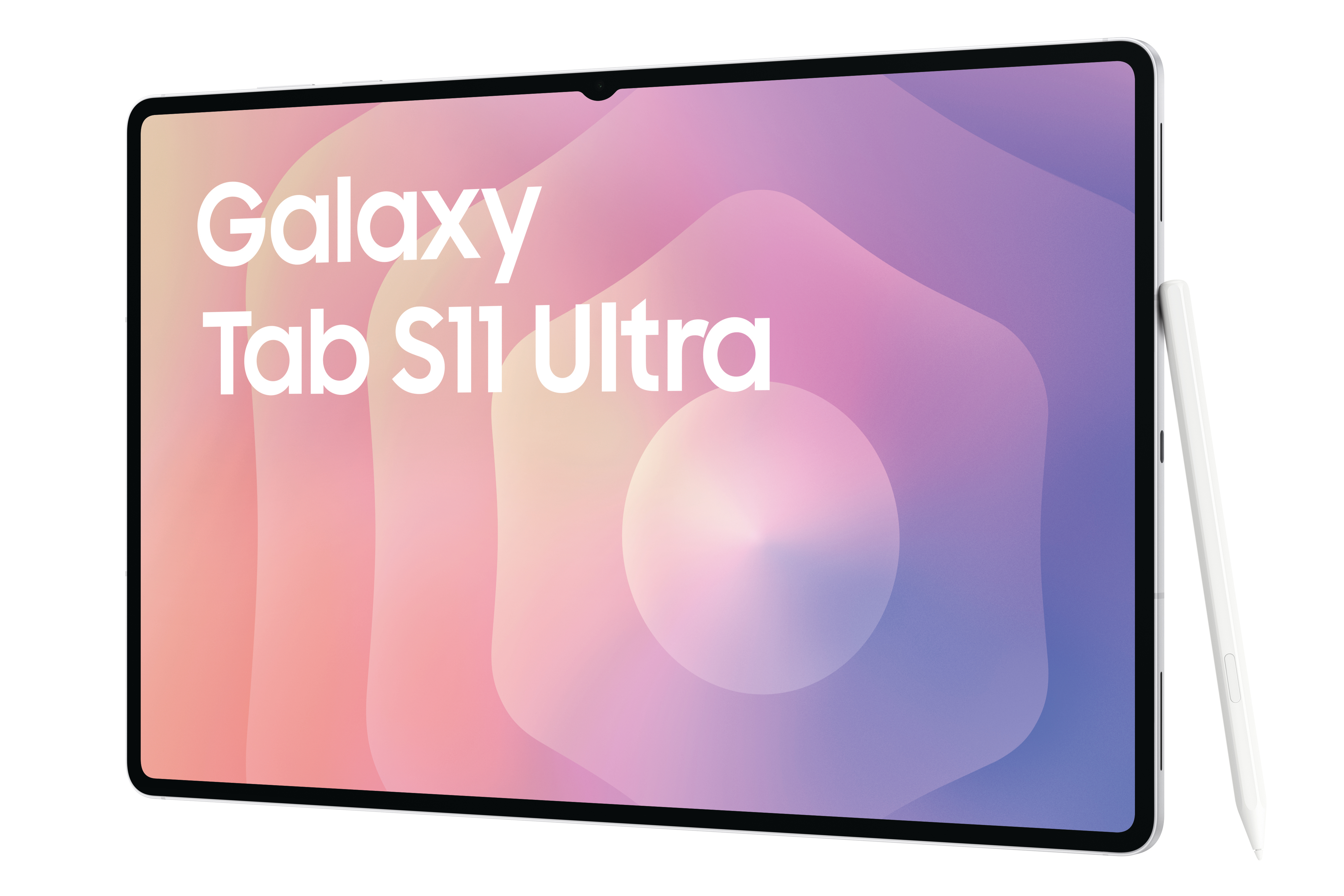 Ein weißes Tablet mit Stift. Der Bildschirm zeigt 'Galaxy Tab S11 Ultra' und einen bunten Hintergrund.