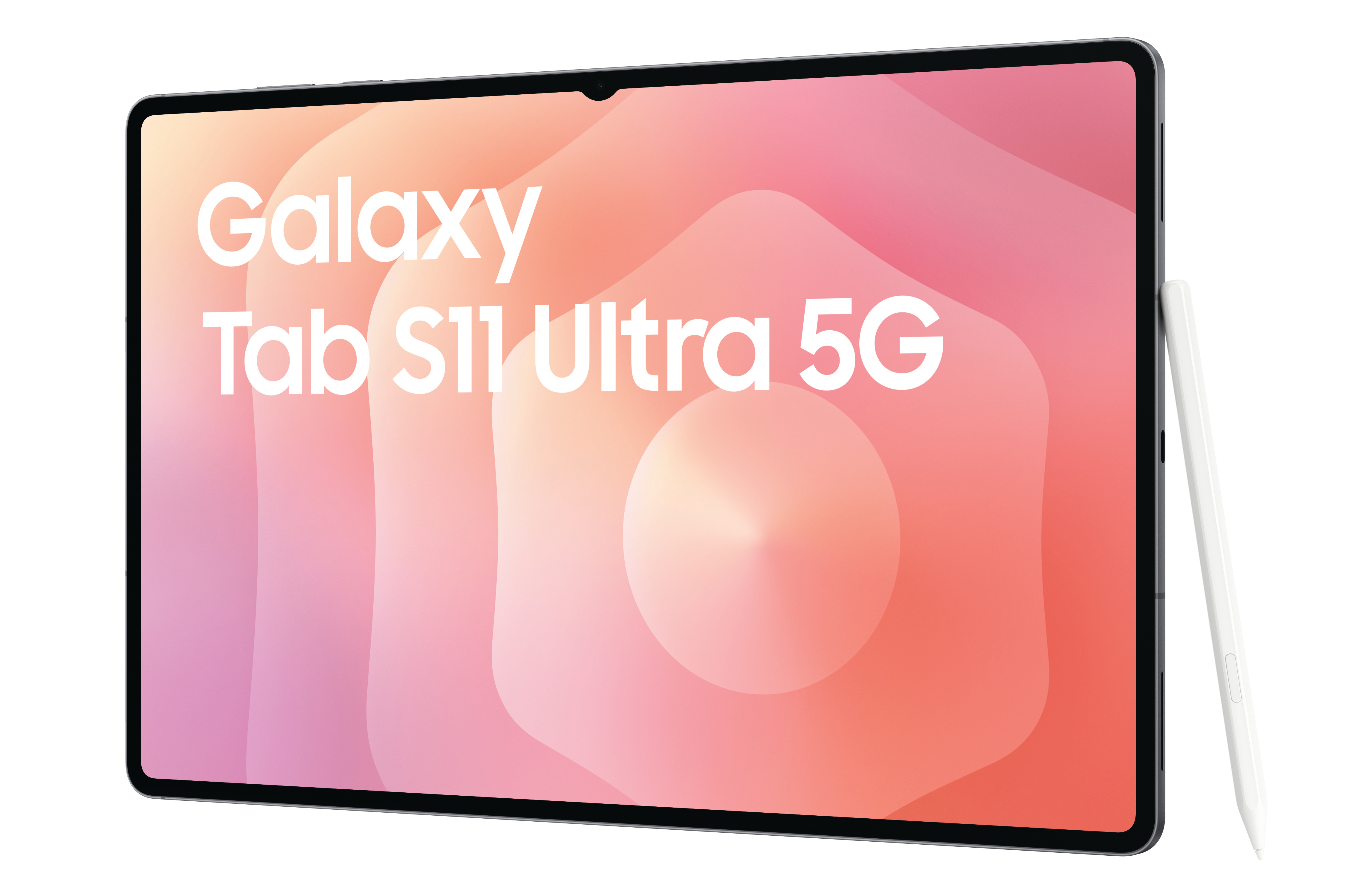 Ein Samsung Galaxy Tab S11 Ultra 5G Tablet mit weißem Stift auf weißem Hintergrund. Der Bildschirm zeigt ein abstraktes Design.