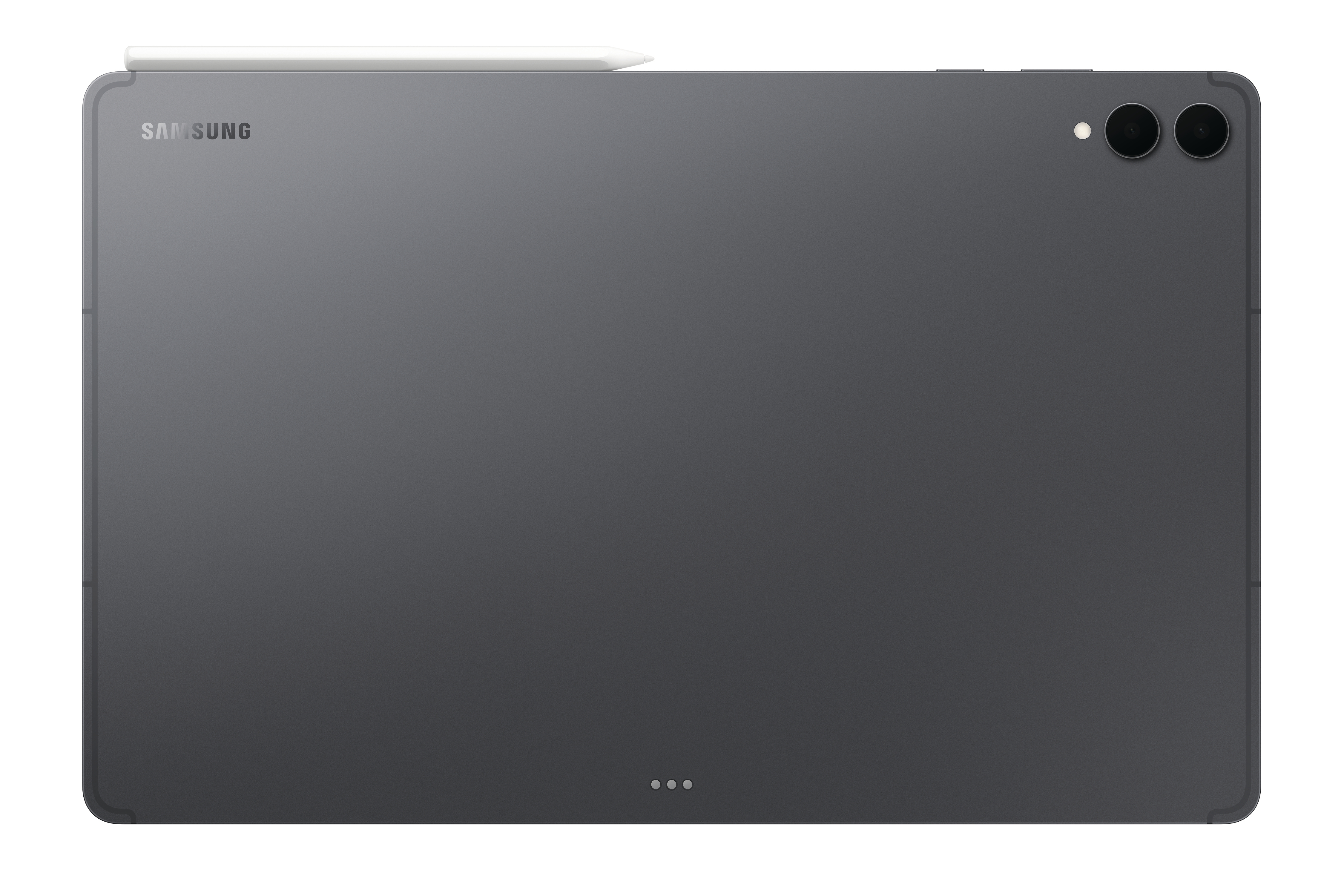 Rückseite eines dunkelgrauen Tablets mit einem Stift oben. Es hat eine Kamera und das Samsung-Logo.