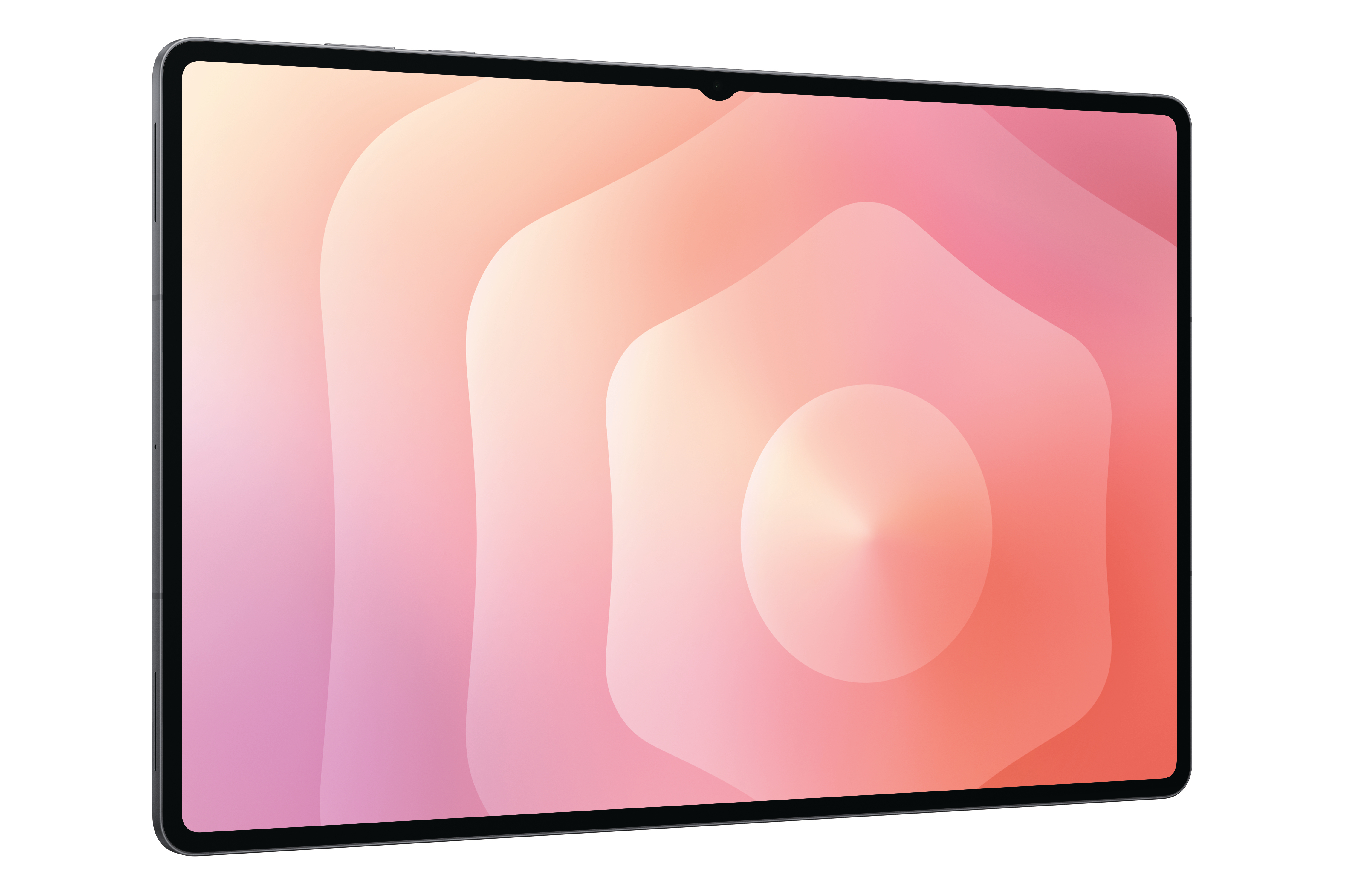 Ein Tablet mit farbenfrohem Hintergrund. Der Bildschirm zeigt ein abstraktes Design in Rosa, Orange und Weiß.