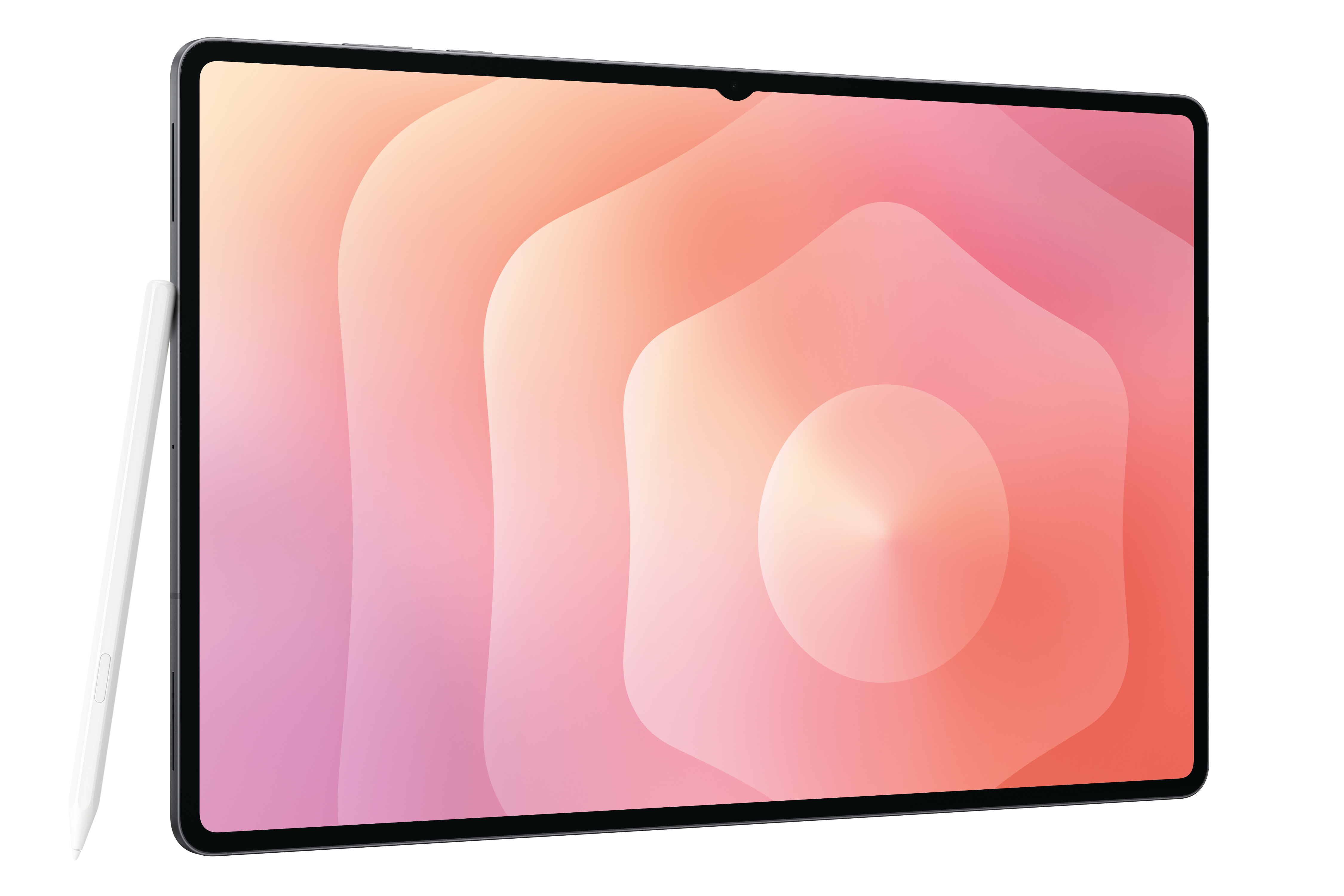 Ein Tablet mit Stift. Der Bildschirm zeigt einen Gradienten aus rosa und orangefarbenen Formen. Weißer Hintergrund.