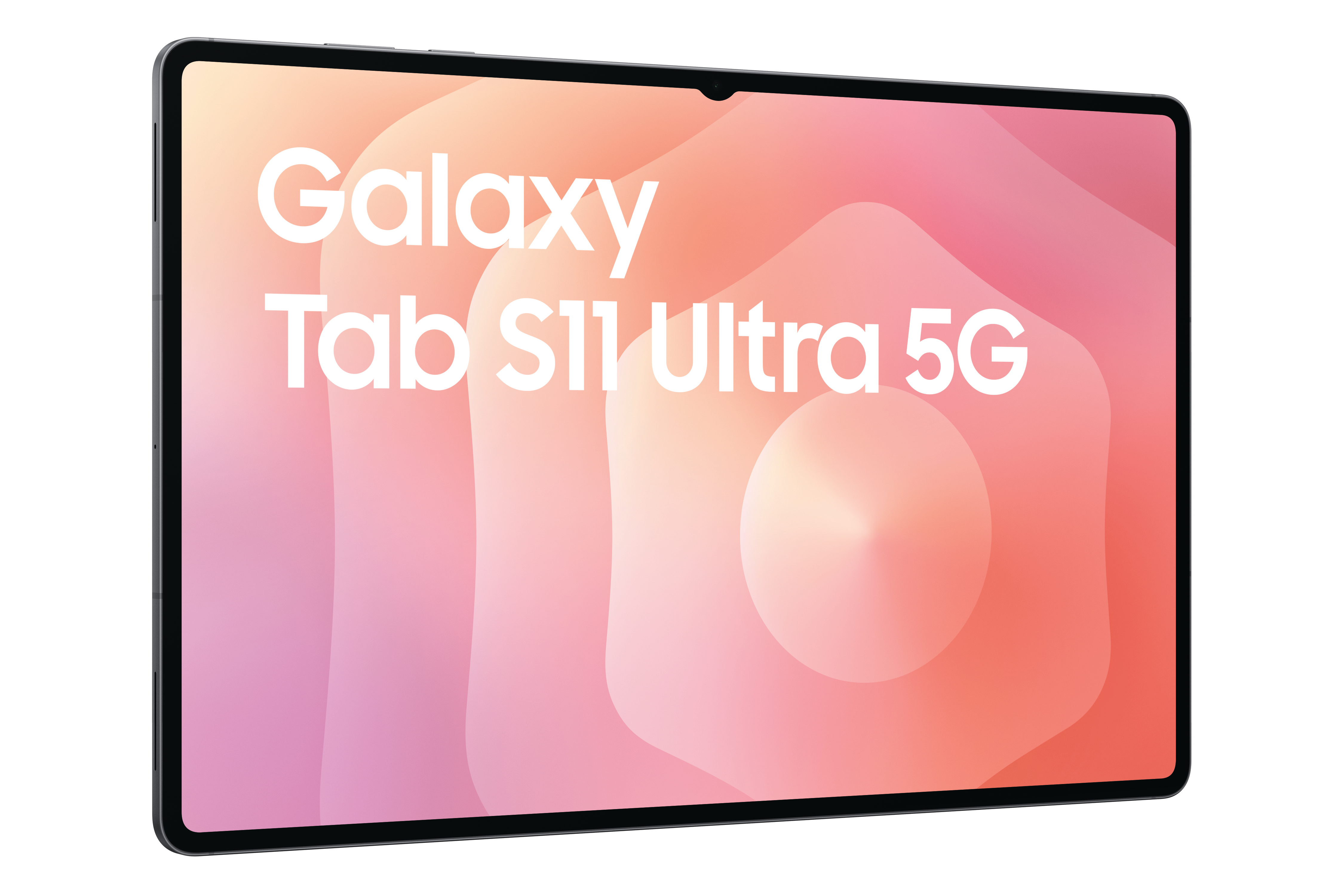 Ein Samsung Galaxy Tab S11 Ultra 5G-Tablet wird gezeigt. Der Bildschirm zeigt den Namen des Tablets vor einem farbigen Hintergrund.