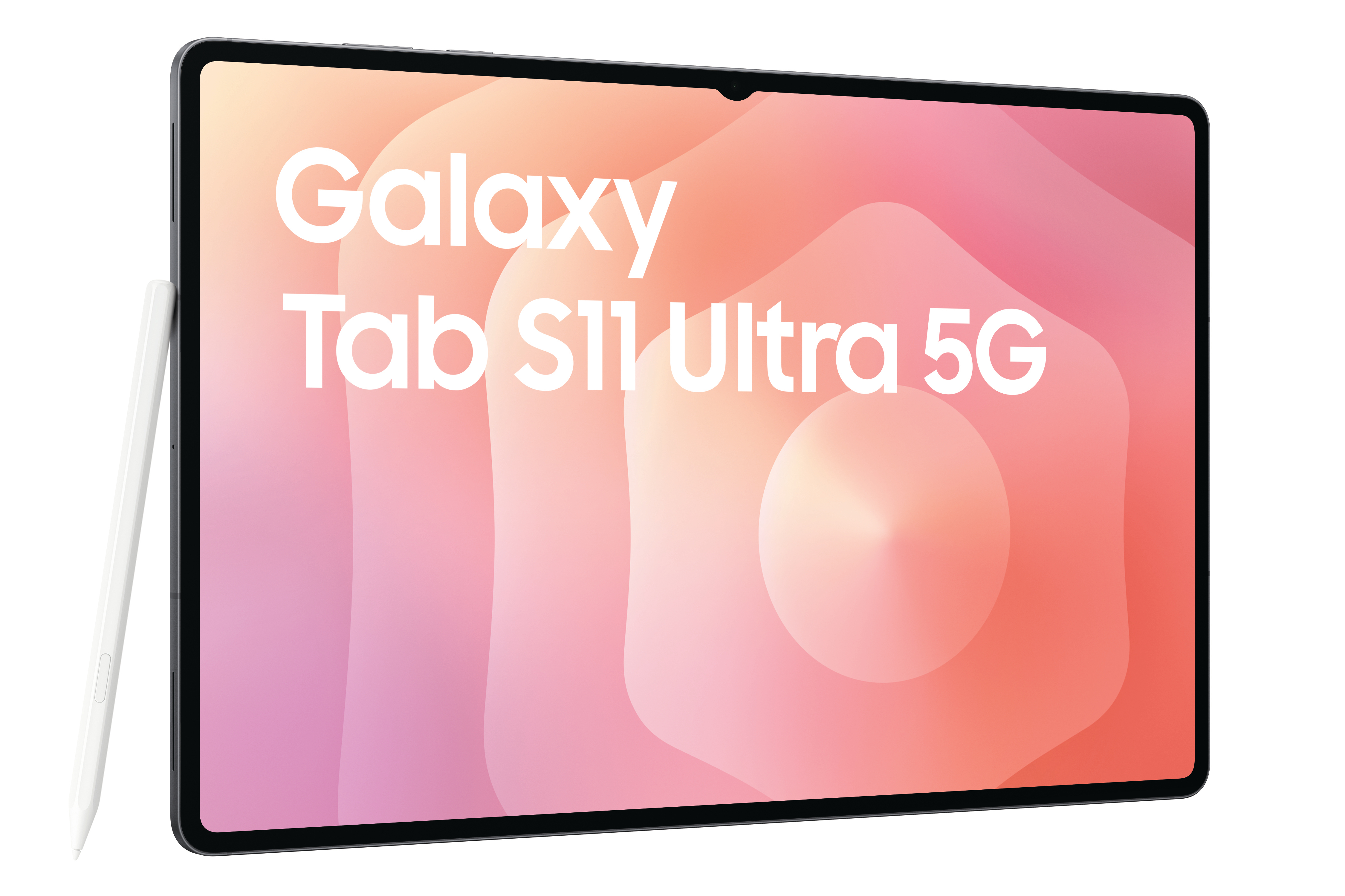 Ein Samsung Galaxy Tab S11 Ultra 5G Tablet mit Stift. Der Bildschirm zeigt ein abstraktes rosa-oranges Design.
