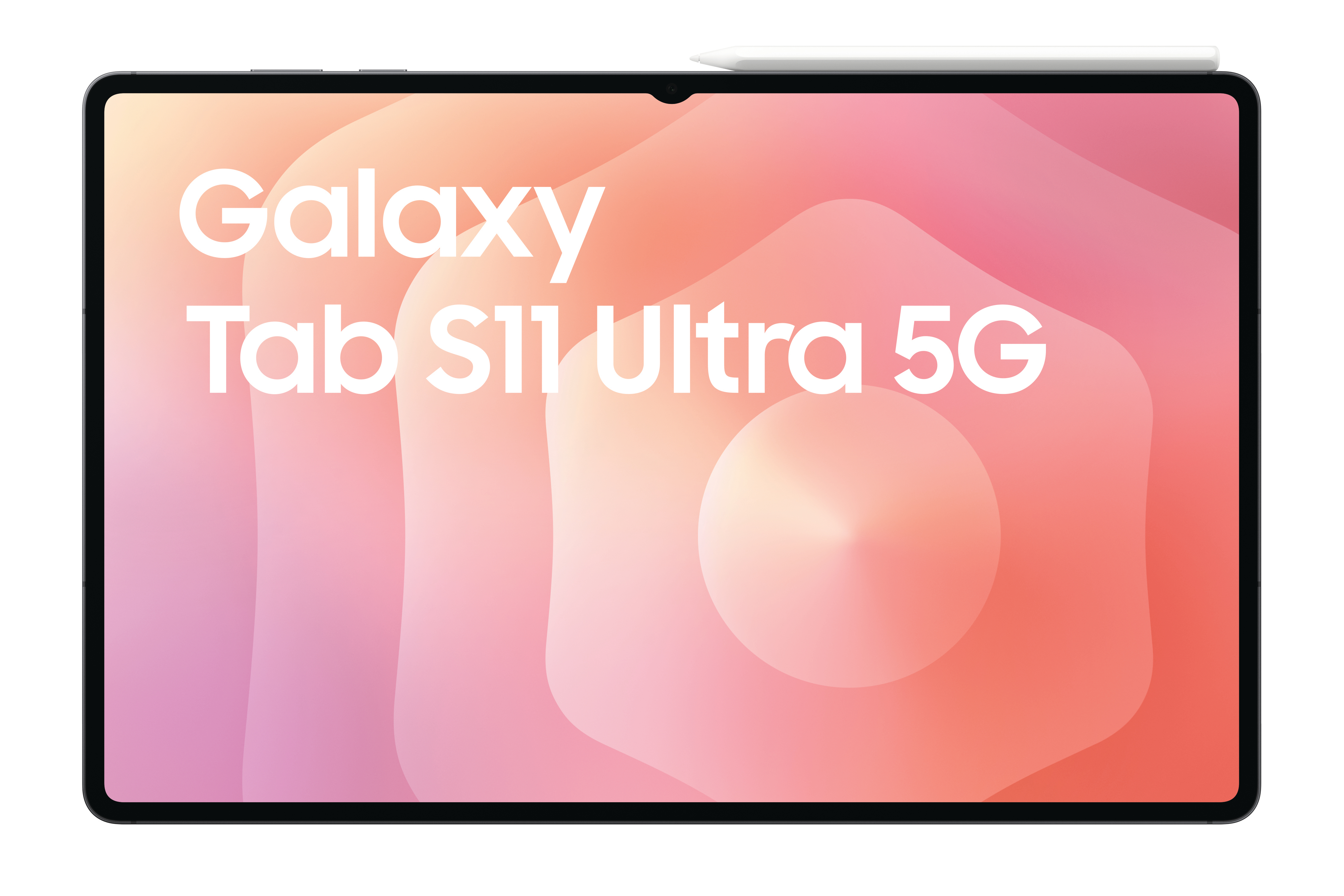 Ein Tablet mit weißem Stift. Der Bildschirm zeigt 'Galaxy Tab S11 Ultra 5G' auf einem Farbverlaufshintergrund.