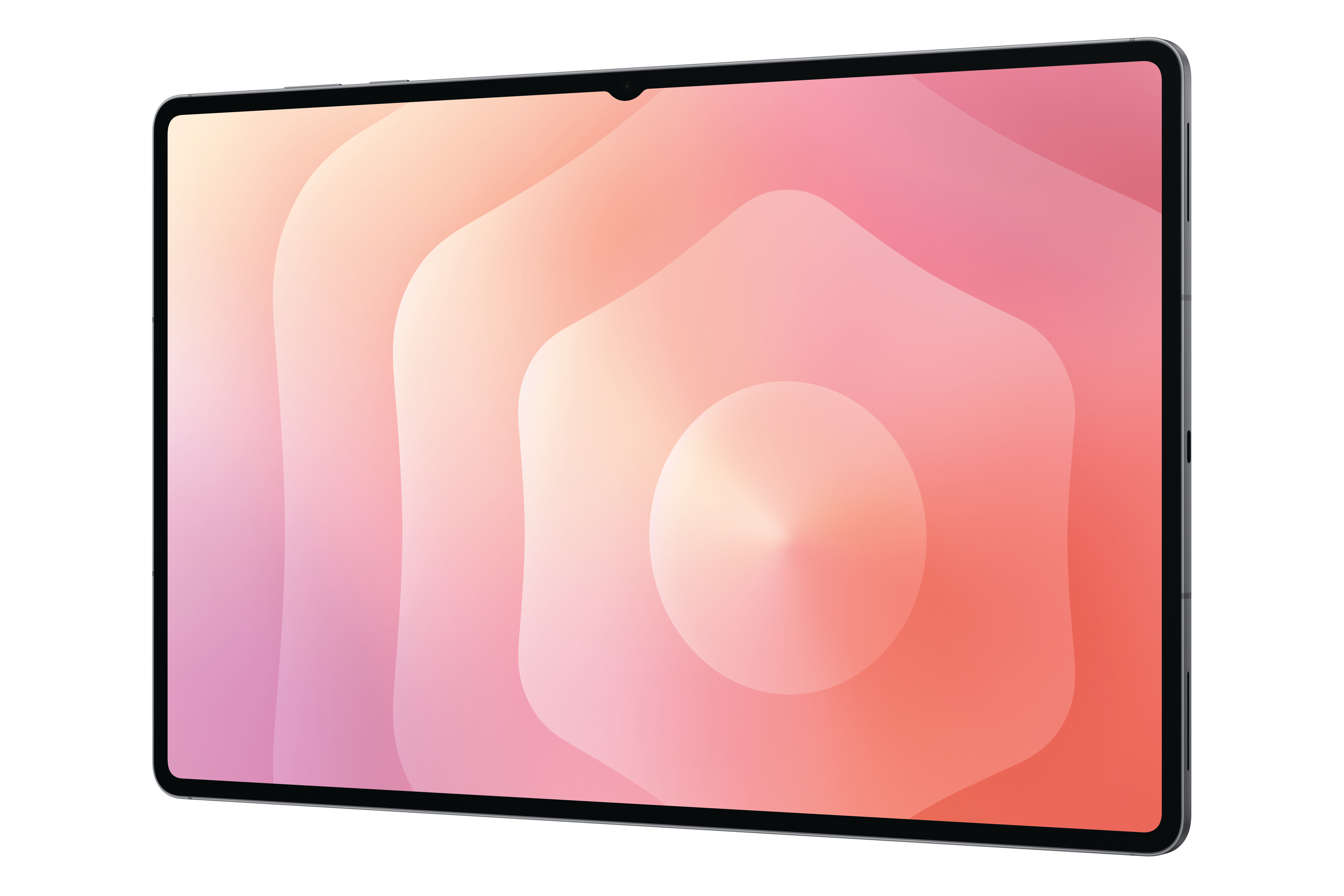Ein Tablet mit farbenfrohem Gradienten-Display. Der Bildschirm zeigt abstrakte Formen in Rosa-, Orange- und Weißtönen.