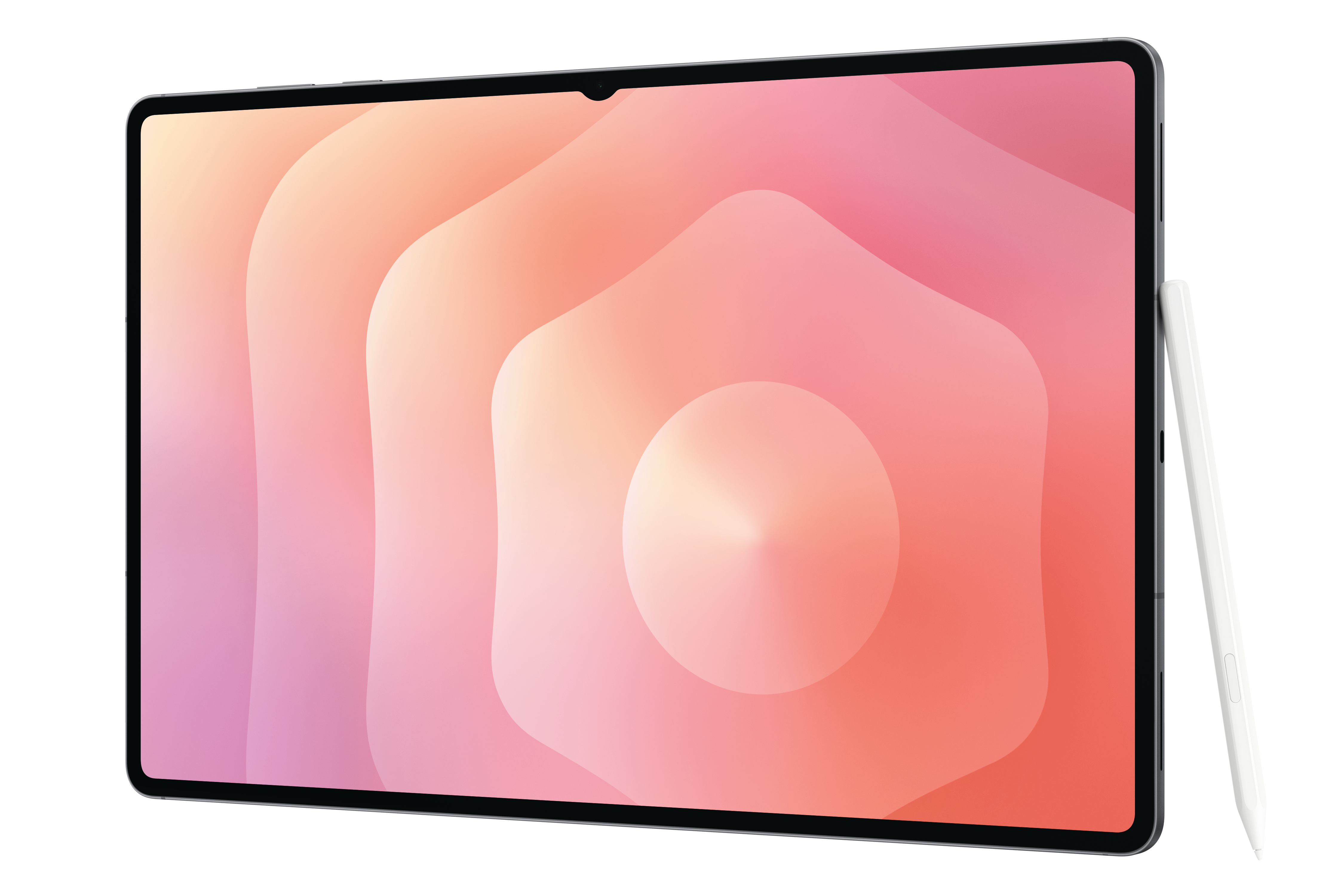 Ein Tablet mit einem Stift. Das Tablet hat einen rosa-orangenen Farbverlauf auf dem Bildschirm. Der Stift ist weiß.