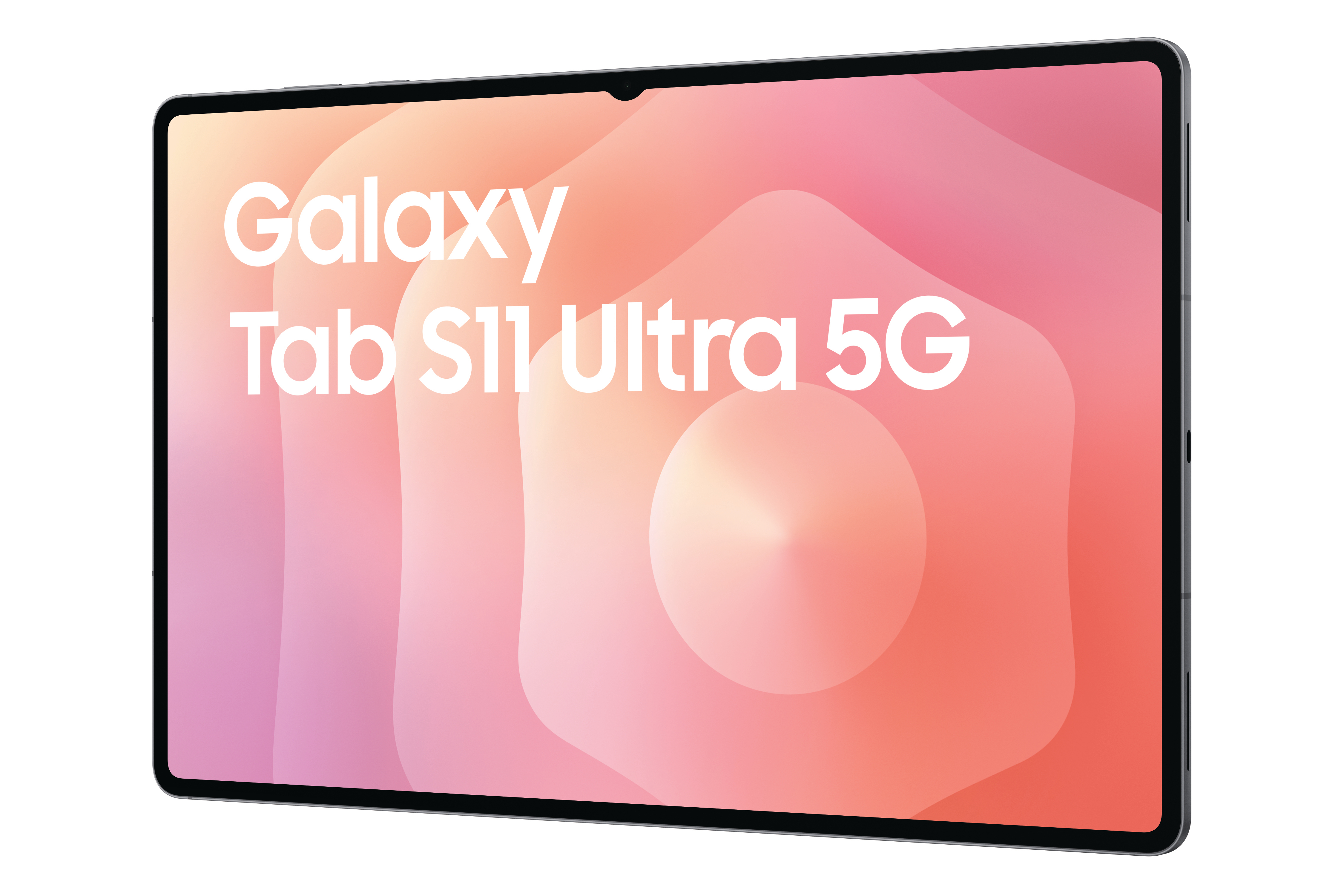 Ein Tablet, Galaxy Tab S11 Ultra 5G, wird schräg angezeigt. Der Bildschirm zeigt einen bunten Farbverlauf. Weißer Hintergrund.