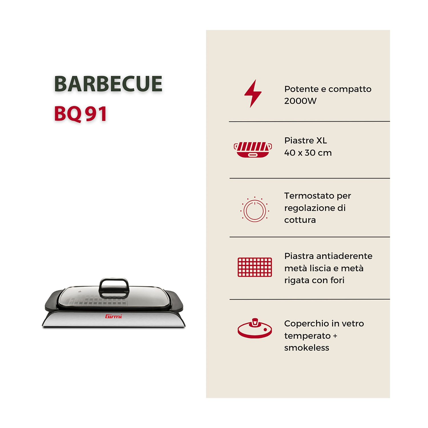 Una griglia elettrica con coperchio in vetro, maniglia nera e dettagli del prodotto. I testi dicono: BBQ BQ91, potente e compatto, piastre XL e senza fumo.