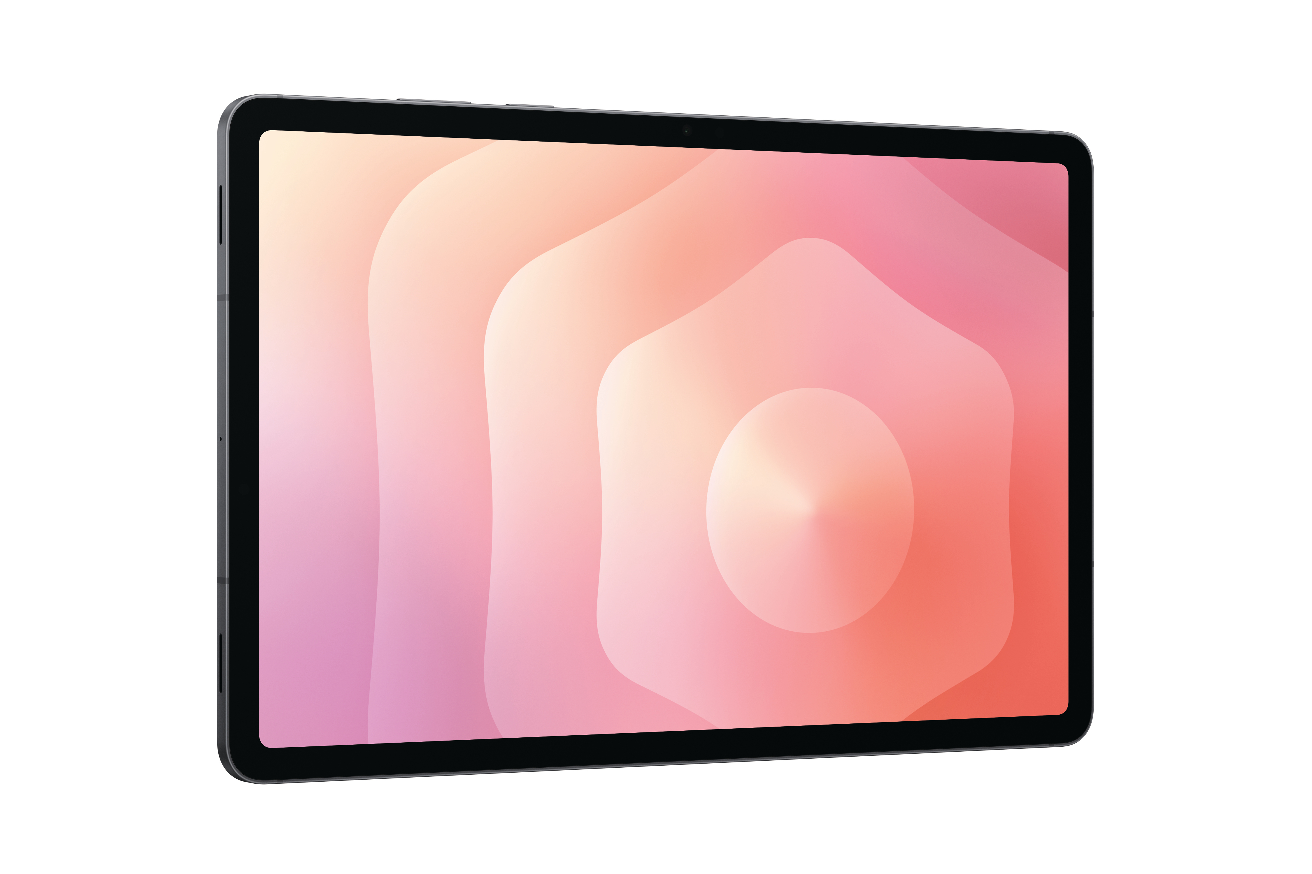 Ein Tablet-Computer mit schwarzem Rahmen zeigt einen Hintergrund aus rosa- und orangefarbenen Formen. Der Hintergrund ist weiß.