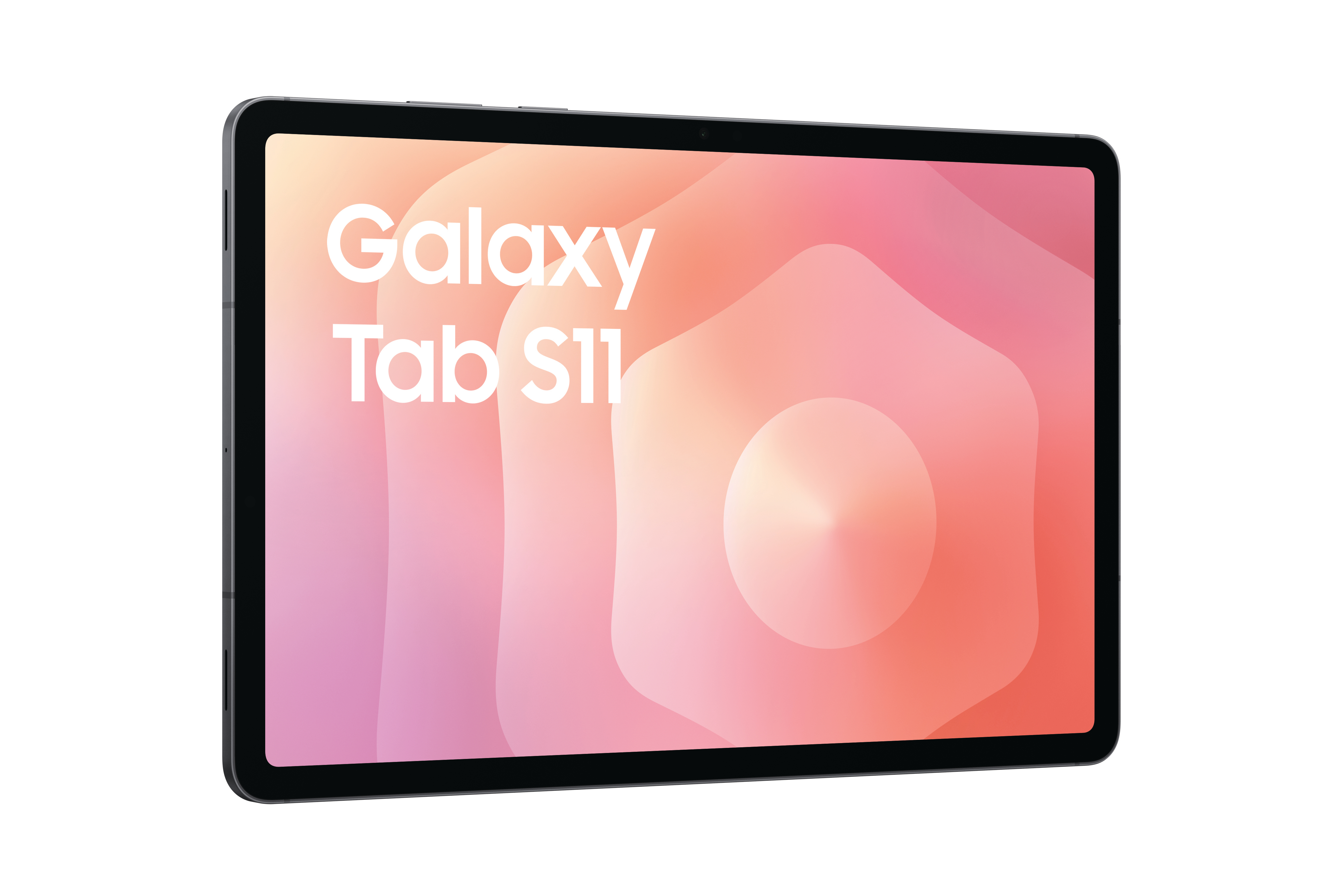 Ein Tablet mit den Worten 'Galaxy Tab S11' auf dem Bildschirm. Der Bildschirm hat ein abstraktes rosa-oranges Design.