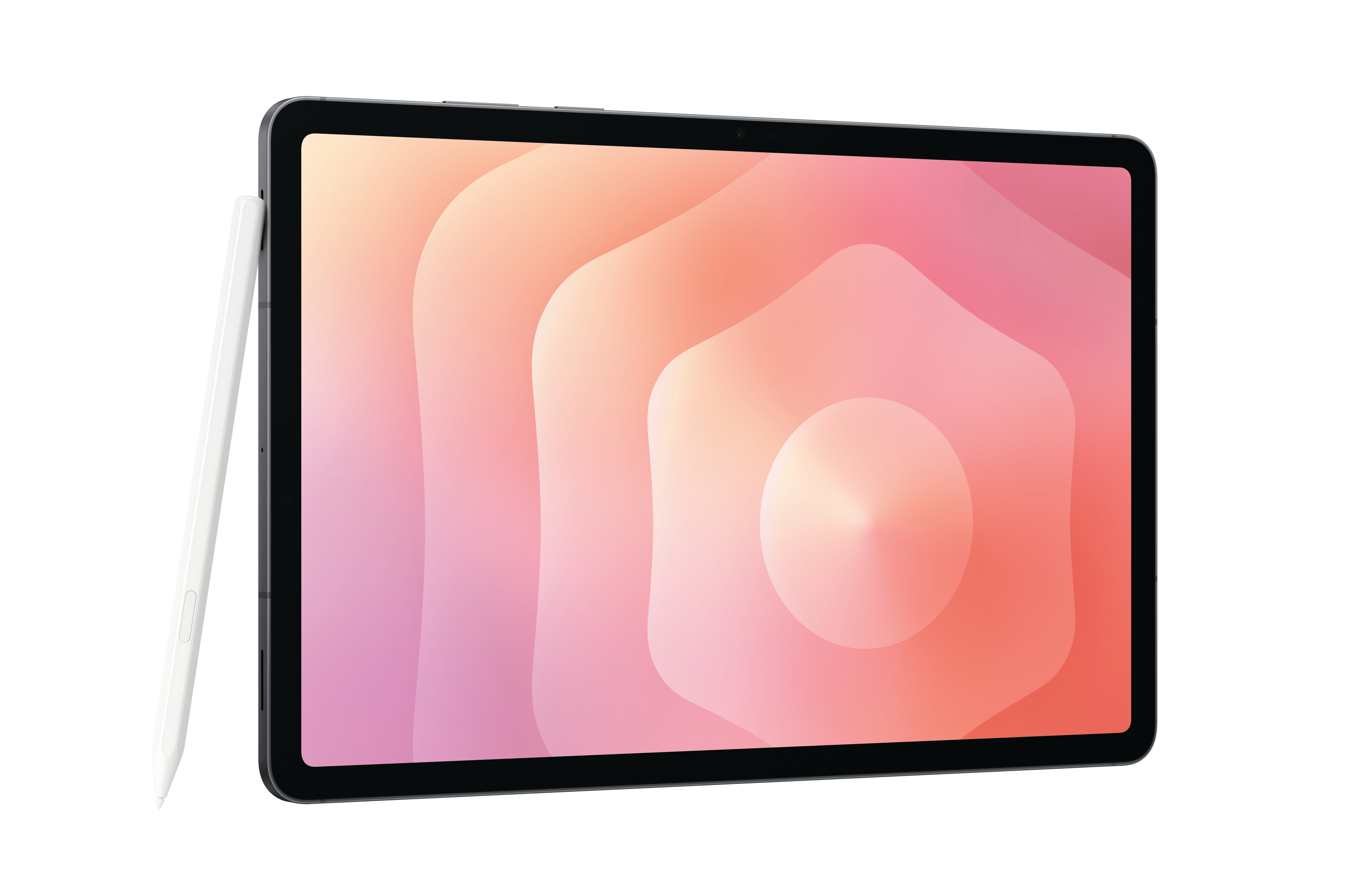 Ein Tablet mit Farbverlauf im Hintergrund und einem weißen Stift an der Seite, auf weißem Grund.