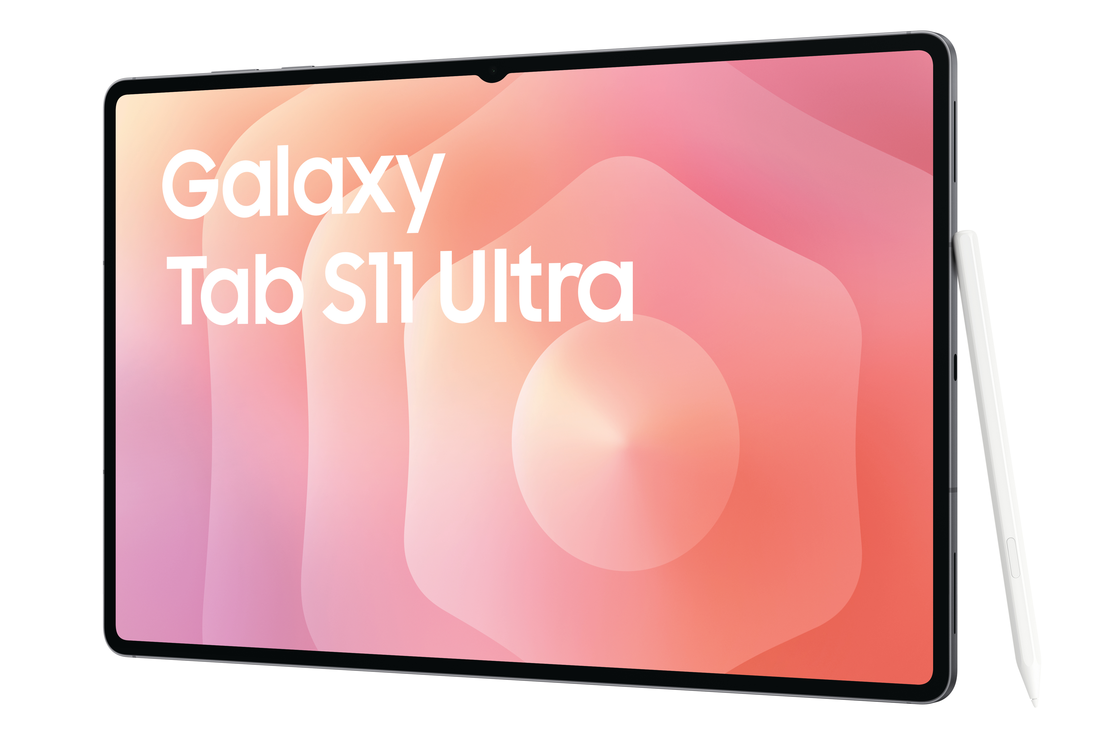 Ein Tablet, Galaxy Tab S11 Ultra, auf weißem Hintergrund. Ein Stift ist rechts. Der Bildschirm hat ein rosa Design.