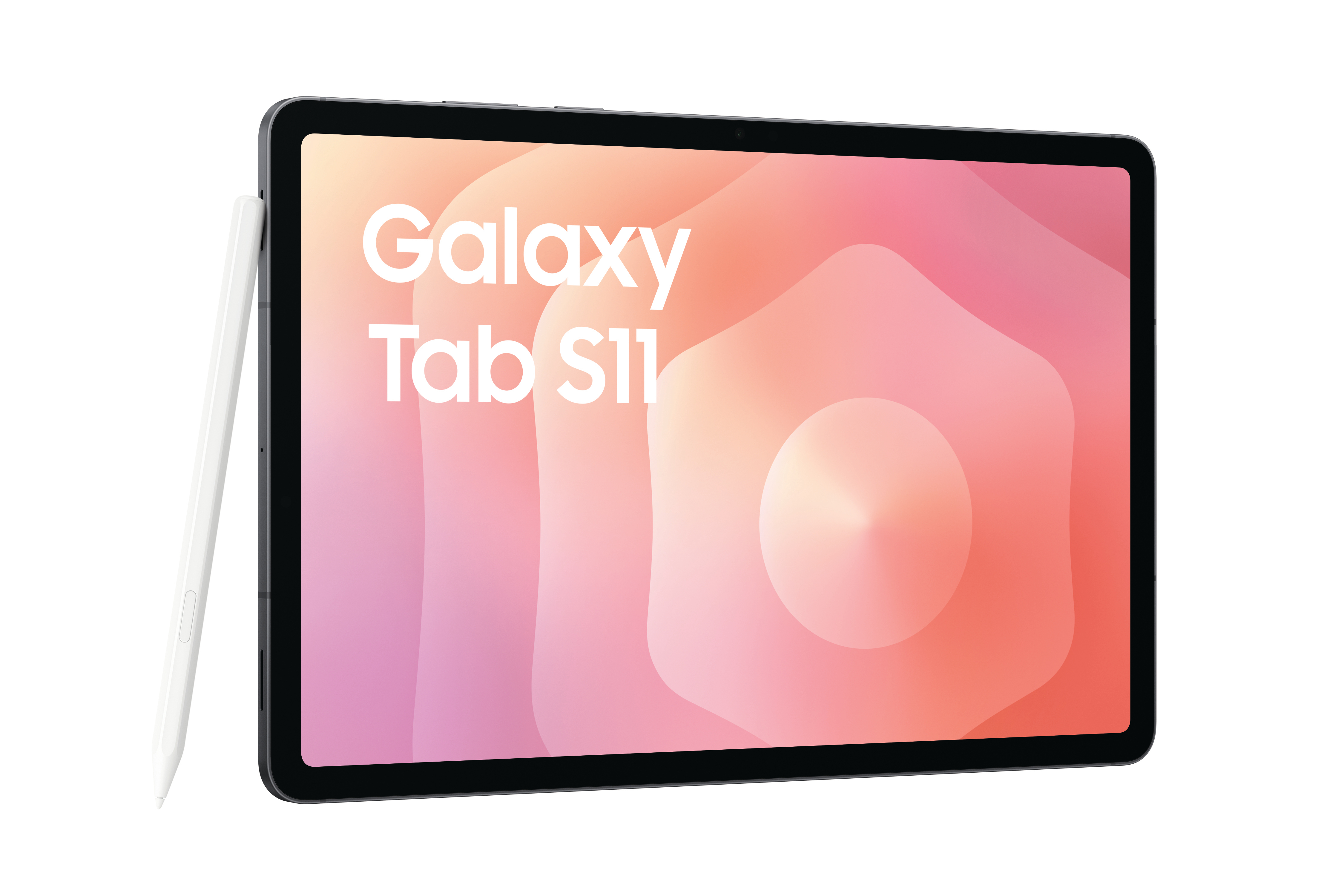 Ein Tablet mit Stift, der Bildschirm zeigt 'Galaxy Tab S11'. Hintergrund ist ein Farbverlauf aus Rosa und Orange.