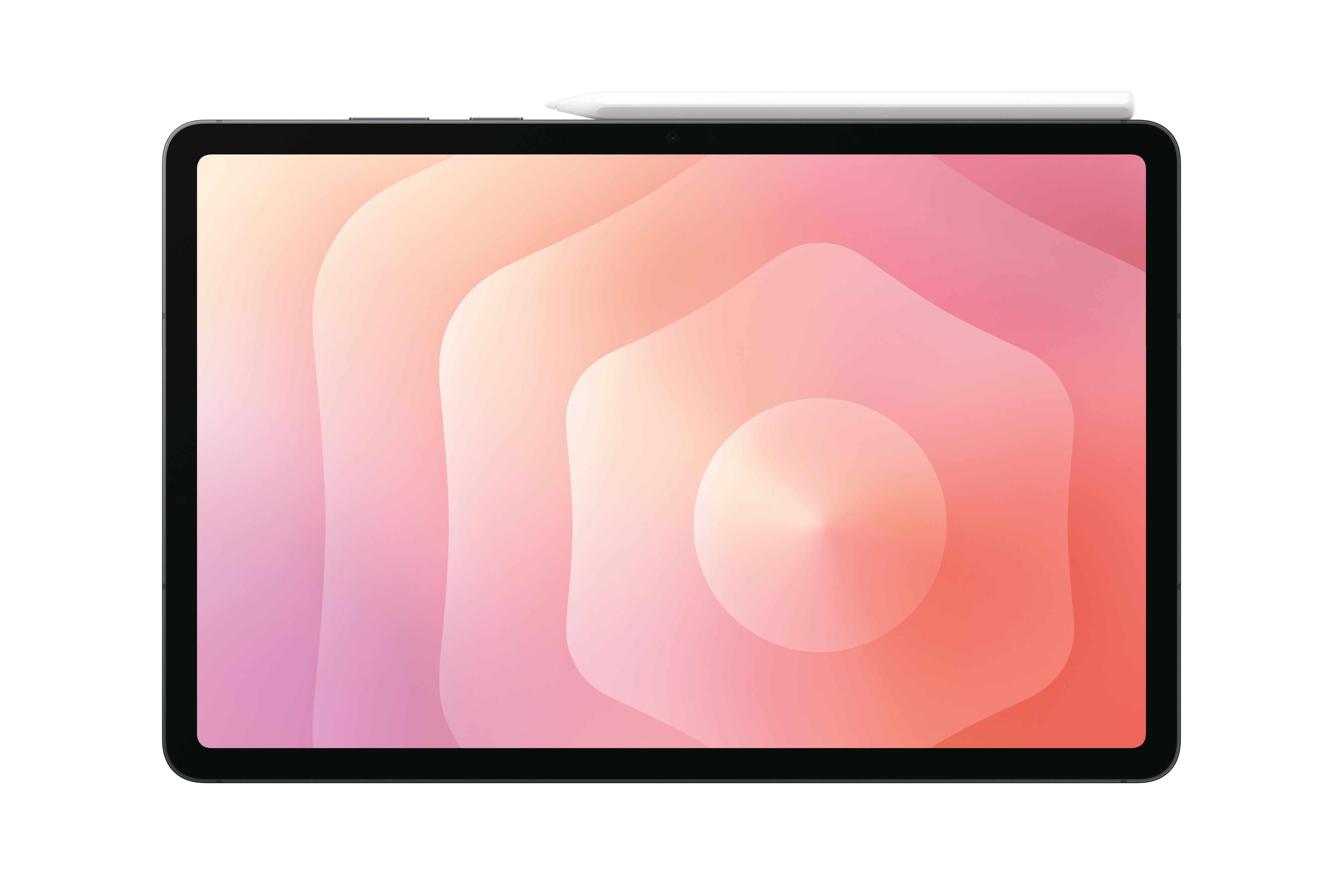 Ein Tablet mit schwarzem Rahmen und Stift. Der Bildschirm zeigt einen Verlauf in Rosa und Orange.