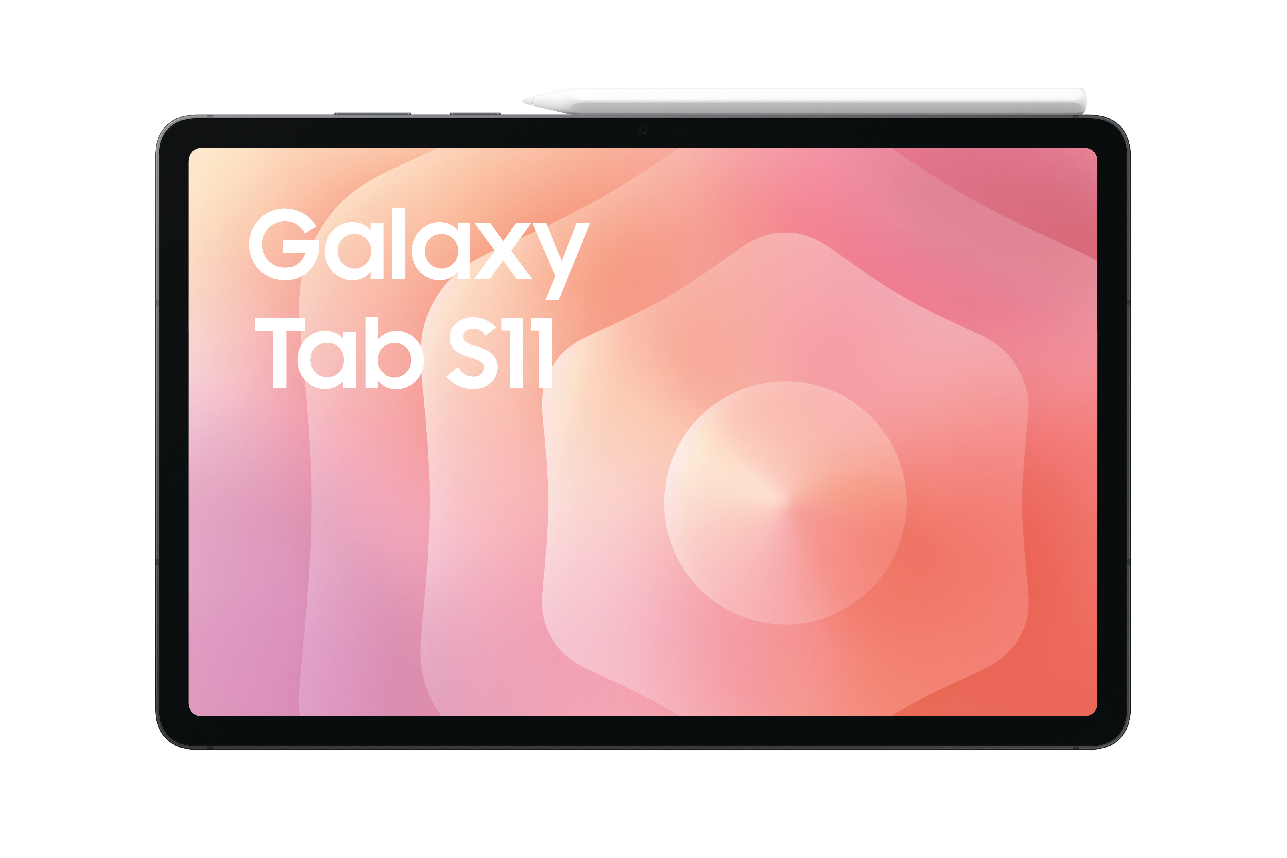 Ein schwarzes Tablet mit 'Galaxy Tab S11' auf dem Bildschirm. Ein weißer Stift liegt oben auf. Der Hintergrund ist hellrosa.