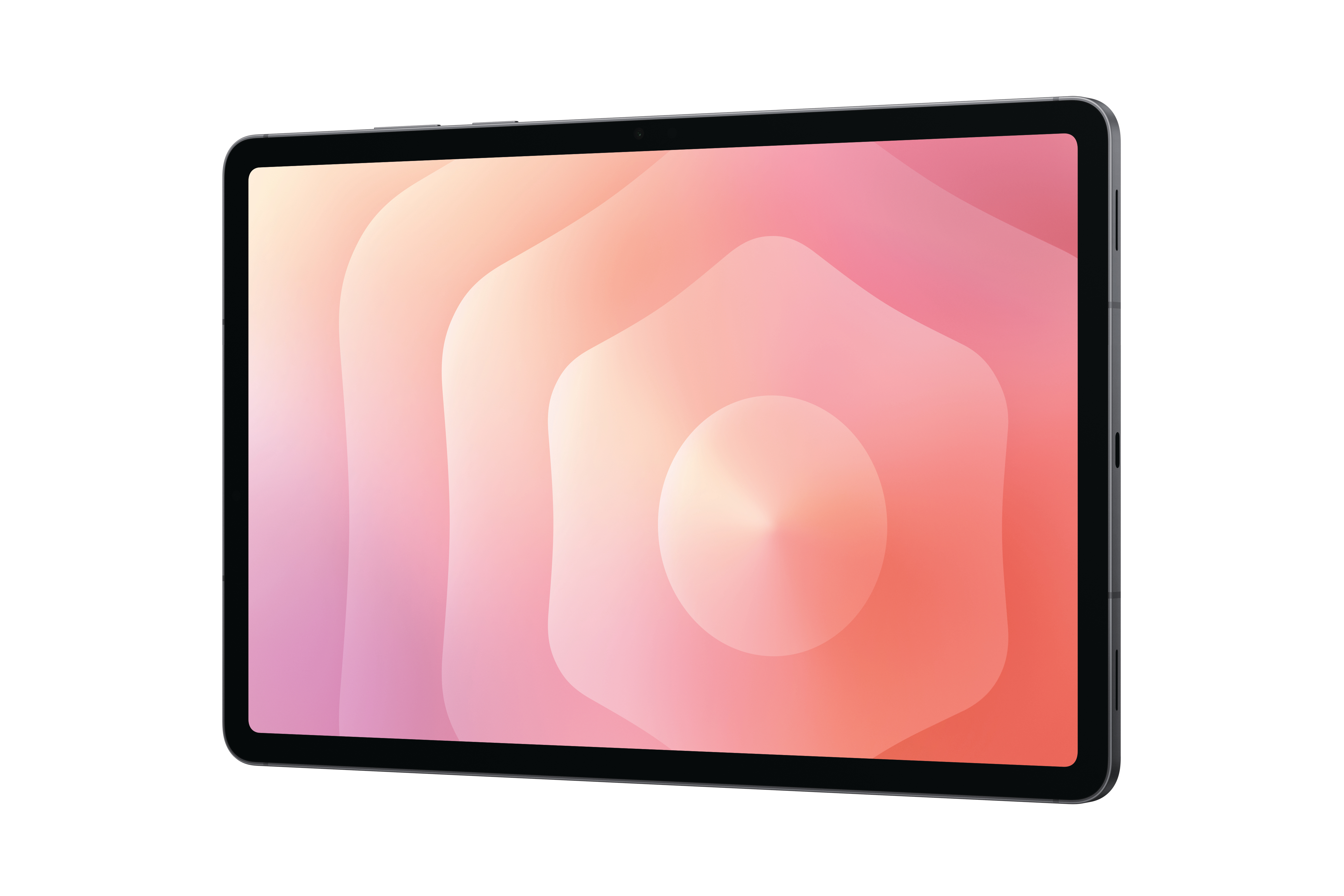 Ein Tablet mit schwarzem Rahmen zeigt ein abstraktes Design in Rosa und Orange. Der Hintergrund ist weiß.