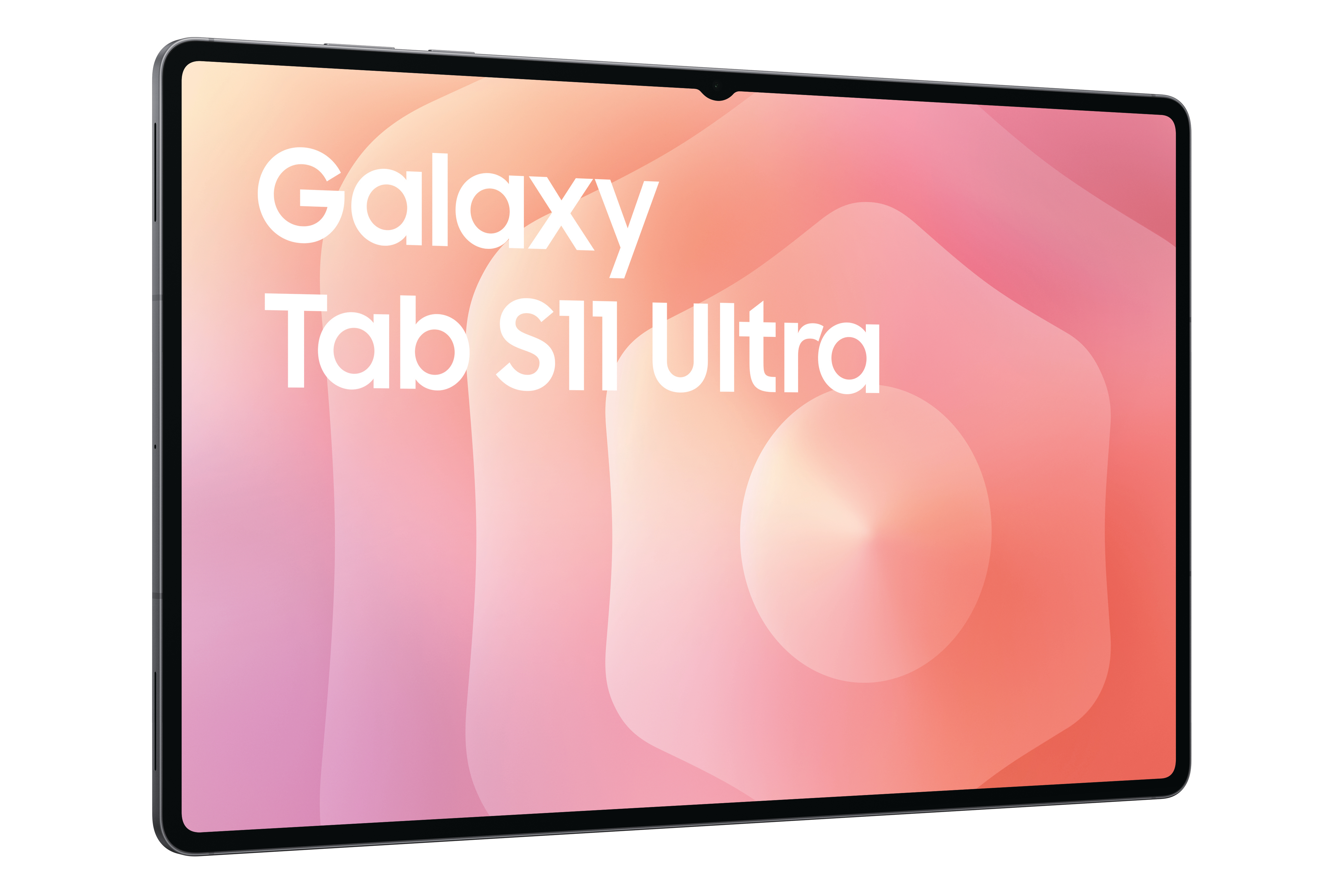 Ein Tablet mit den Worten 'Galaxy Tab S11 Ultra' auf dem Bildschirm. Der Hintergrund ist rosa und orange.