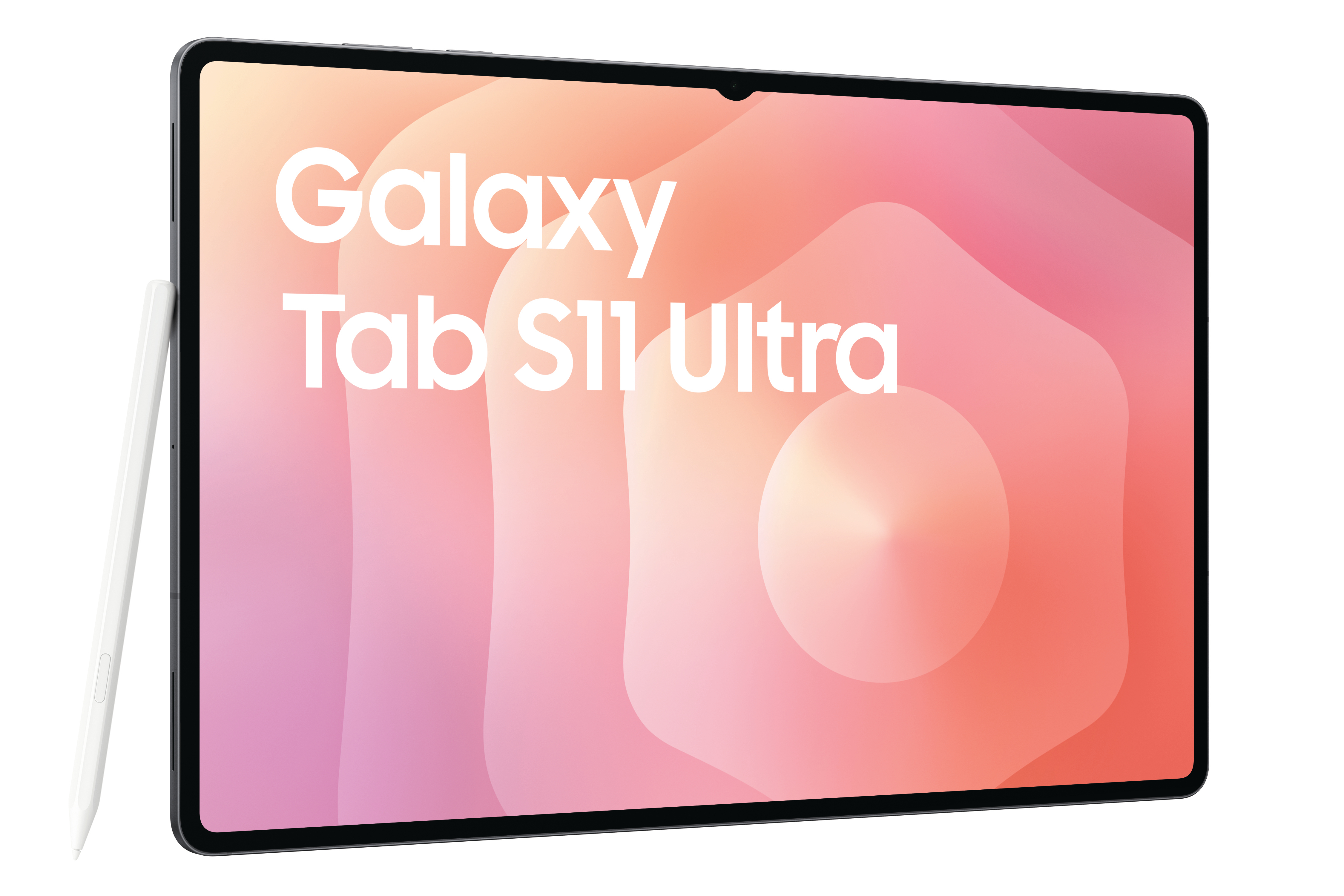Ein Tablet mit der Aufschrift 'Galaxy Tab S11 Ultra' und einem weißen Stift. Der Bildschirm zeigt ein abstraktes Design in Rosa und Orange.