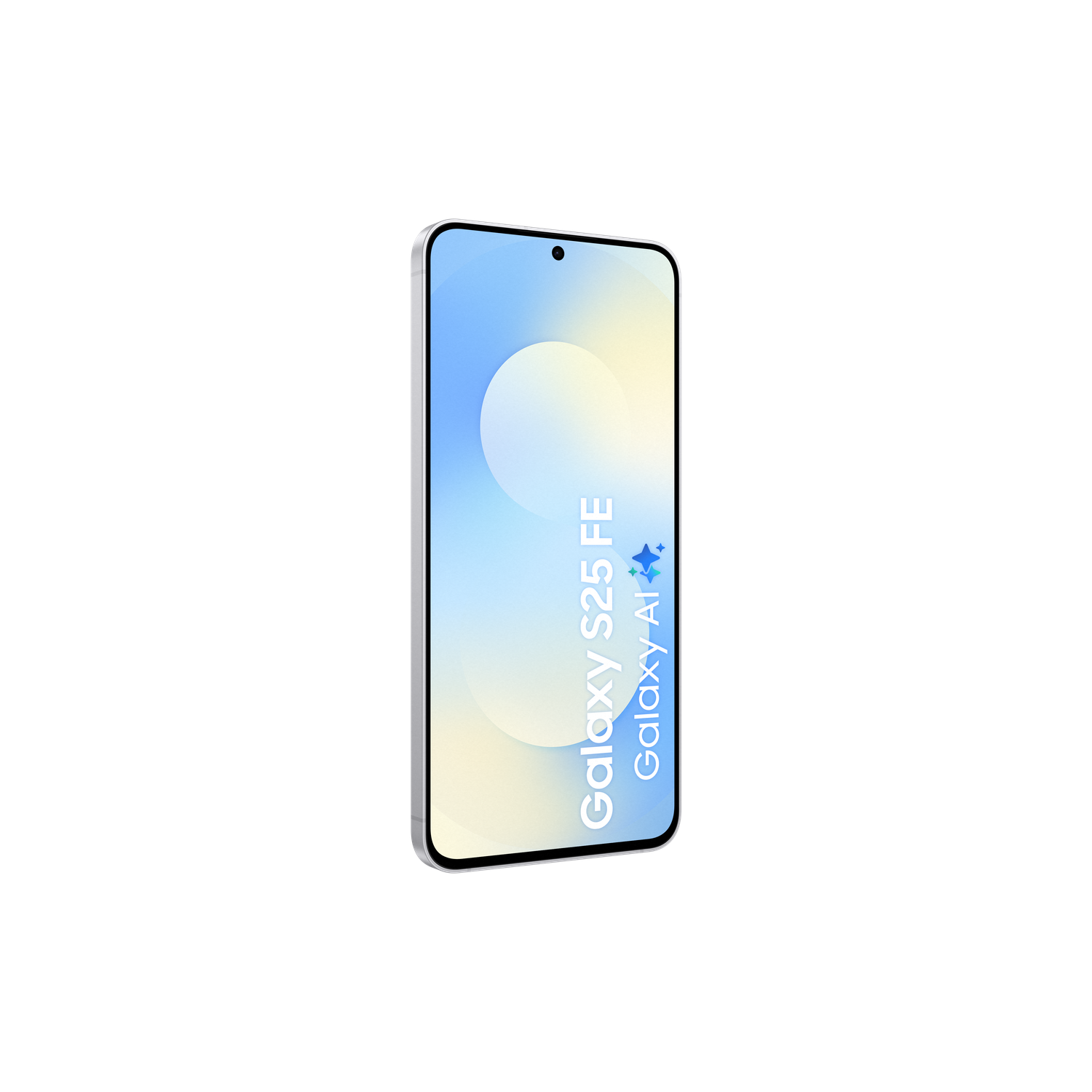 A smartphone with a blue and white screen, displaying "Galaxy S25 FE Galaxy AI" text. The phone has a silver frame, white background.