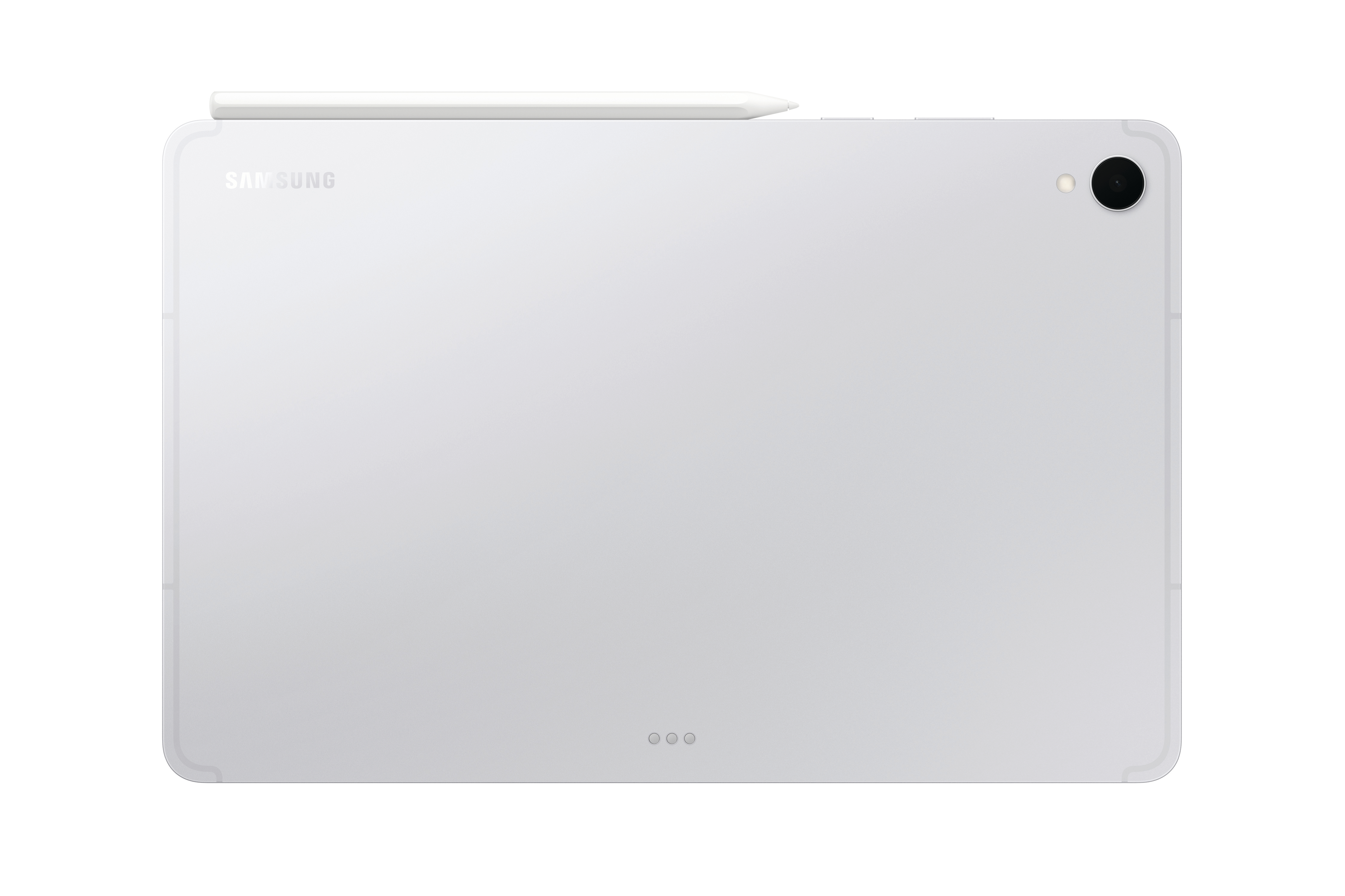 Ein weißes Samsung-Tablet mit Stift. Es hat eine Kamera und Knöpfe. Der Hintergrund ist weiß.