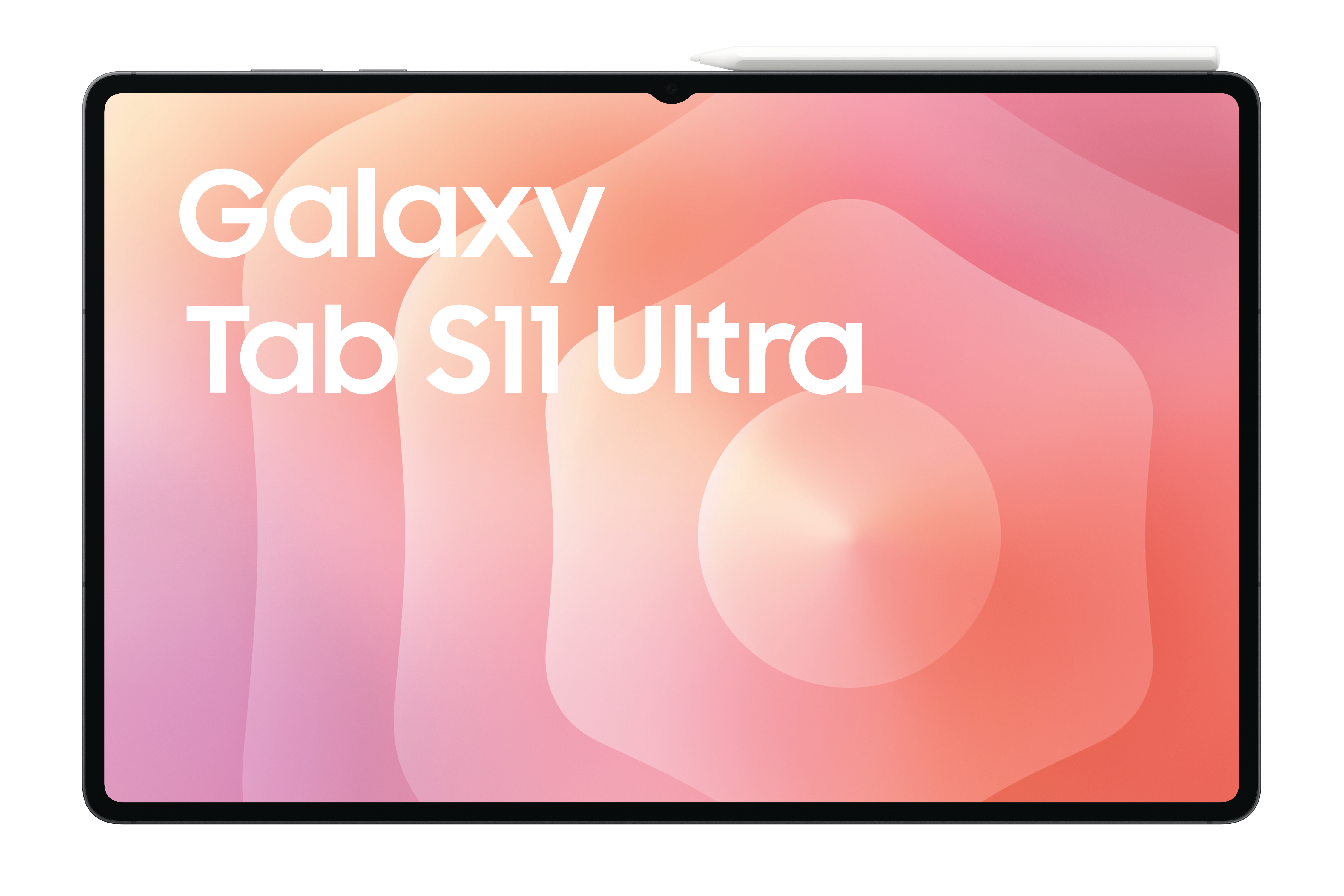 Ein Tablet, Galaxy Tab S11 Ultra, mit Stift oben. Der Bildschirm zeigt einen bunten abstrakten Hintergrund.