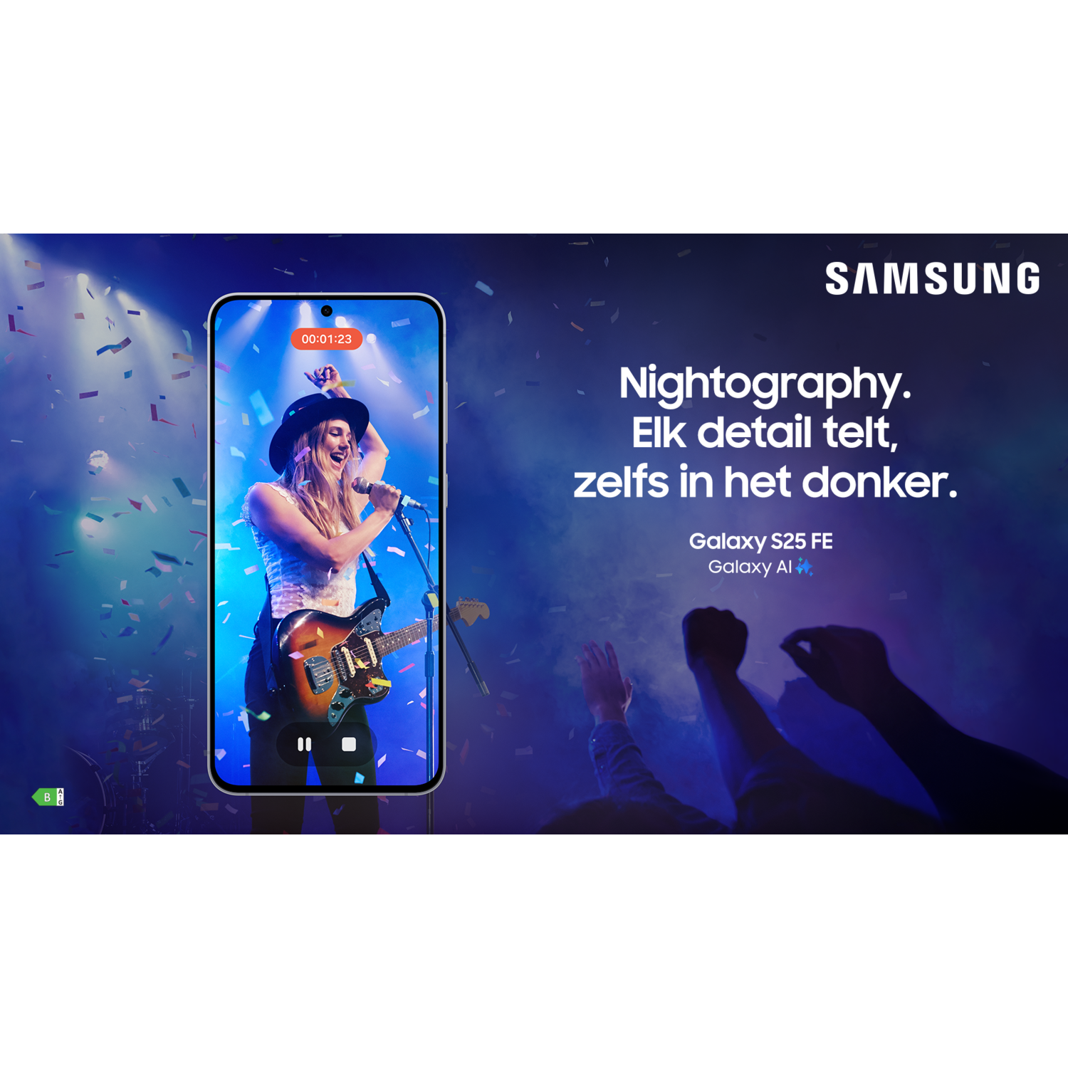A phone screen shows a woman singing and playing guitar on stage. The Samsung logo and text are visible in the background.