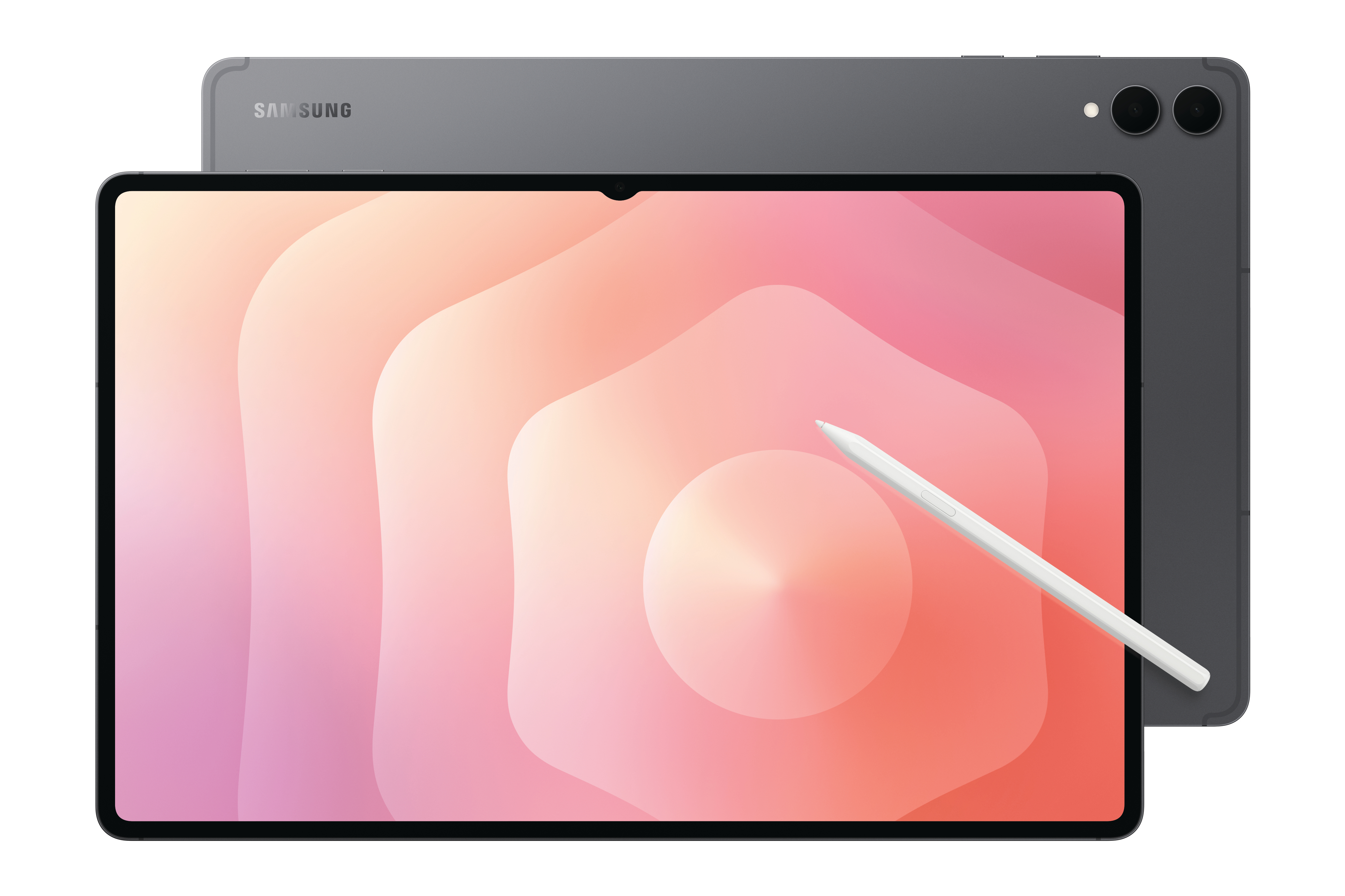 Graues Samsung-Tablet mit Stift. Der Bildschirm zeigt einen abstrakten rosa-orangen Farbverlauf. Ein weiteres Tablet dahinter.