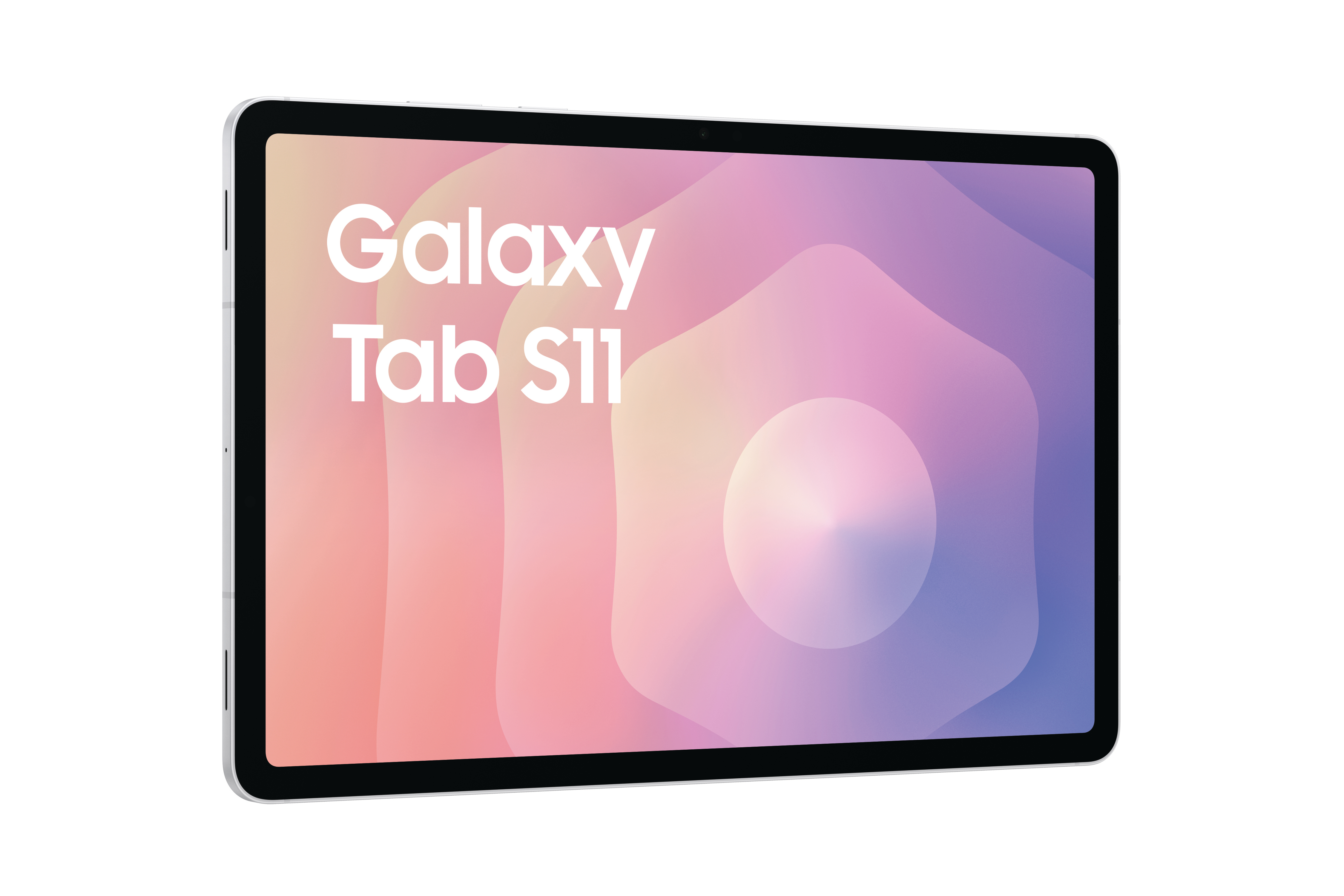 Ein Tablet mit schwarzem Rahmen zeigt 'Galaxy Tab S11' auf einem Hintergrund mit Farbverlauf von Rosa, Pfirsich und Lila.