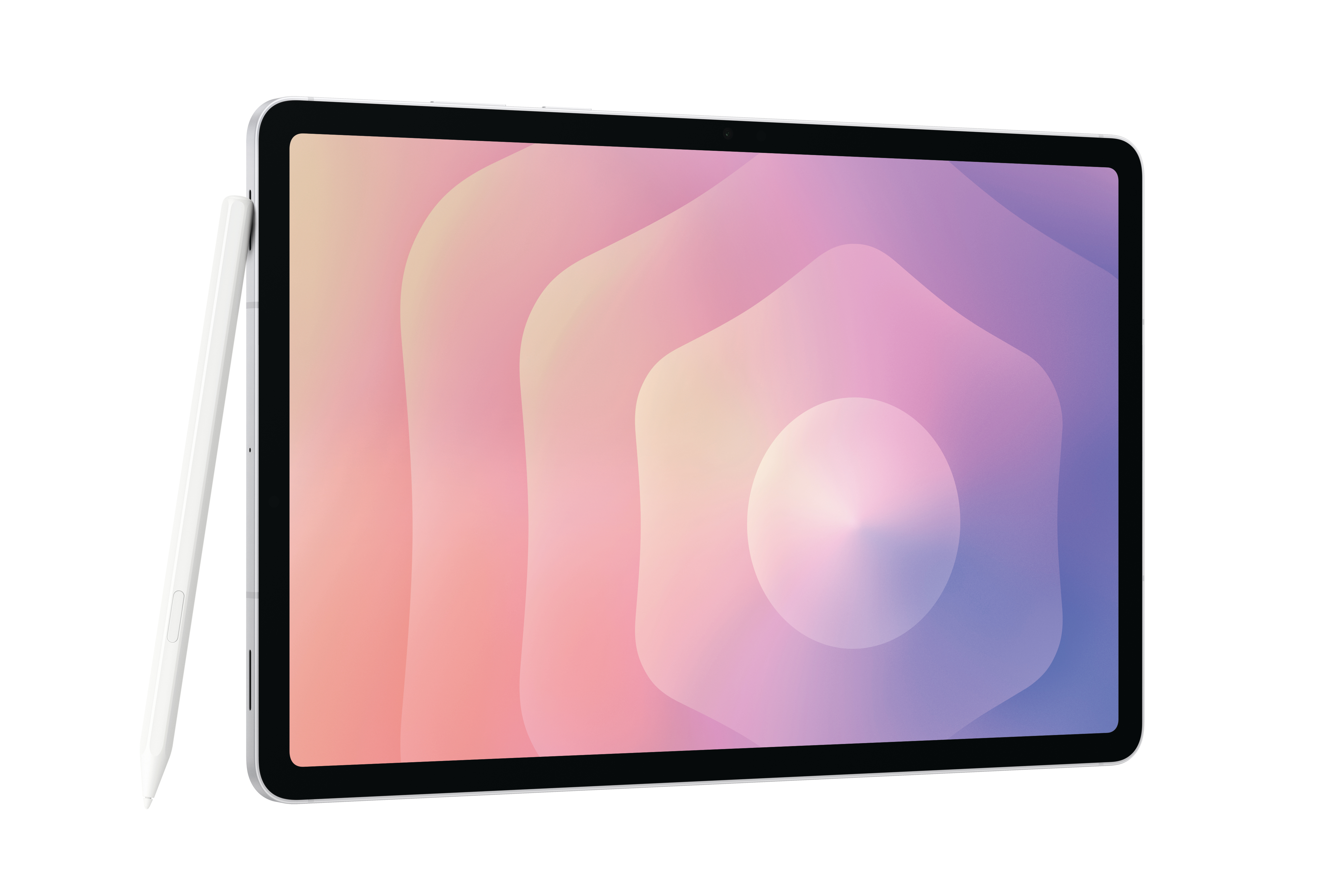 Ein Tablet mit Stift vor weißem Hintergrund. Das Tablet zeigt ein farbenfrohes, abstraktes Bild. Der Stift ist weiß.