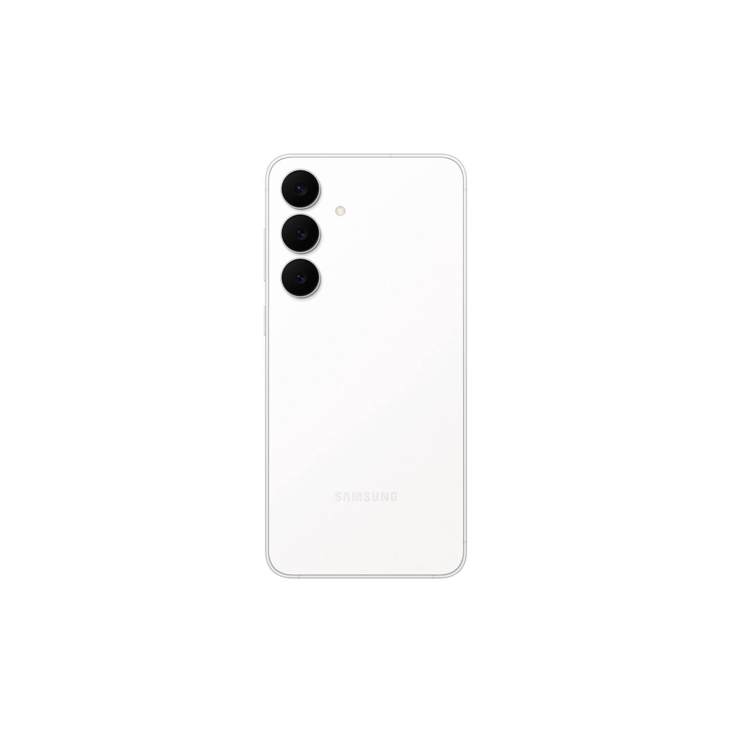 White Samsung smartphone back. Three black cameras are vertically aligned. The Samsung logo is at the bottom.