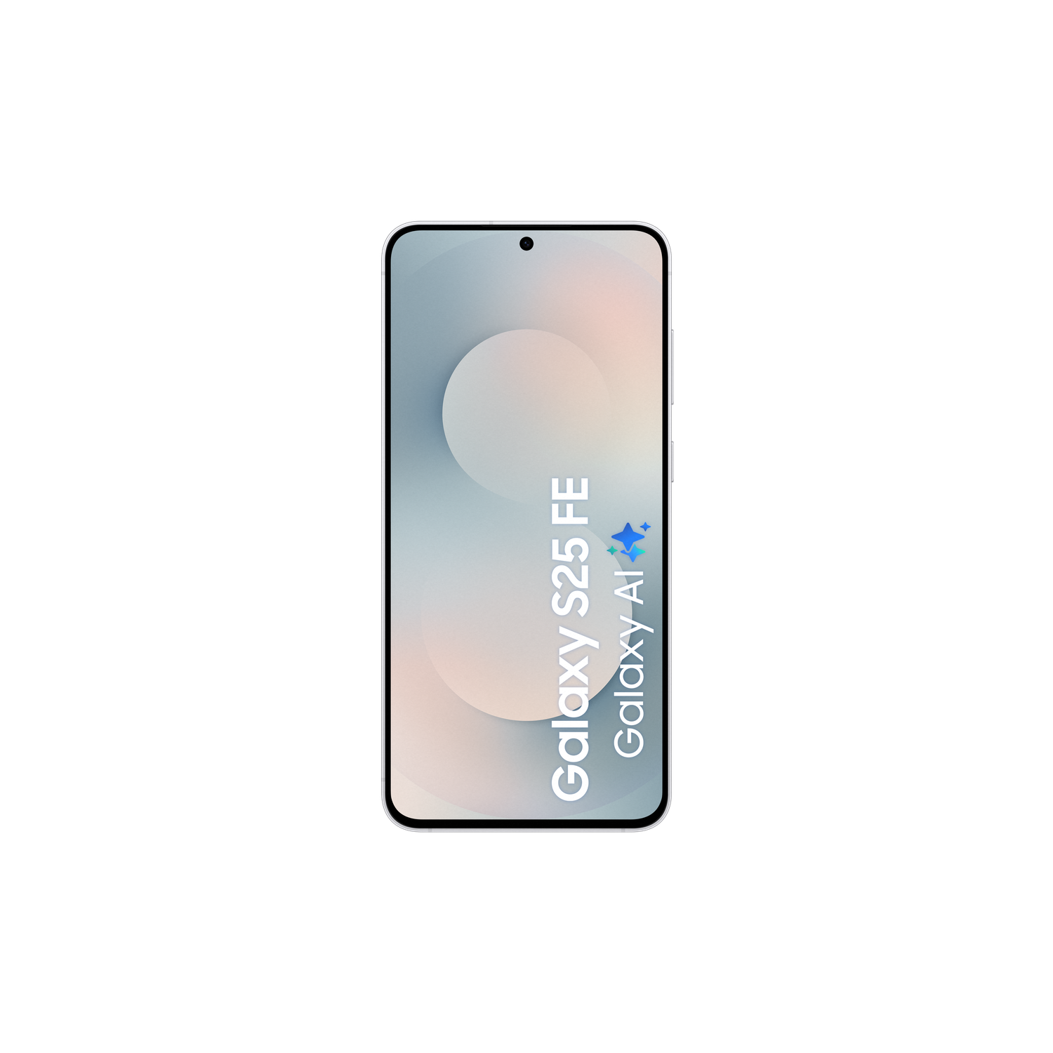 A smartphone with a curved display. The screen shows a gradient background with white circle. Text: Galaxy S25 FE, Galaxy AI.