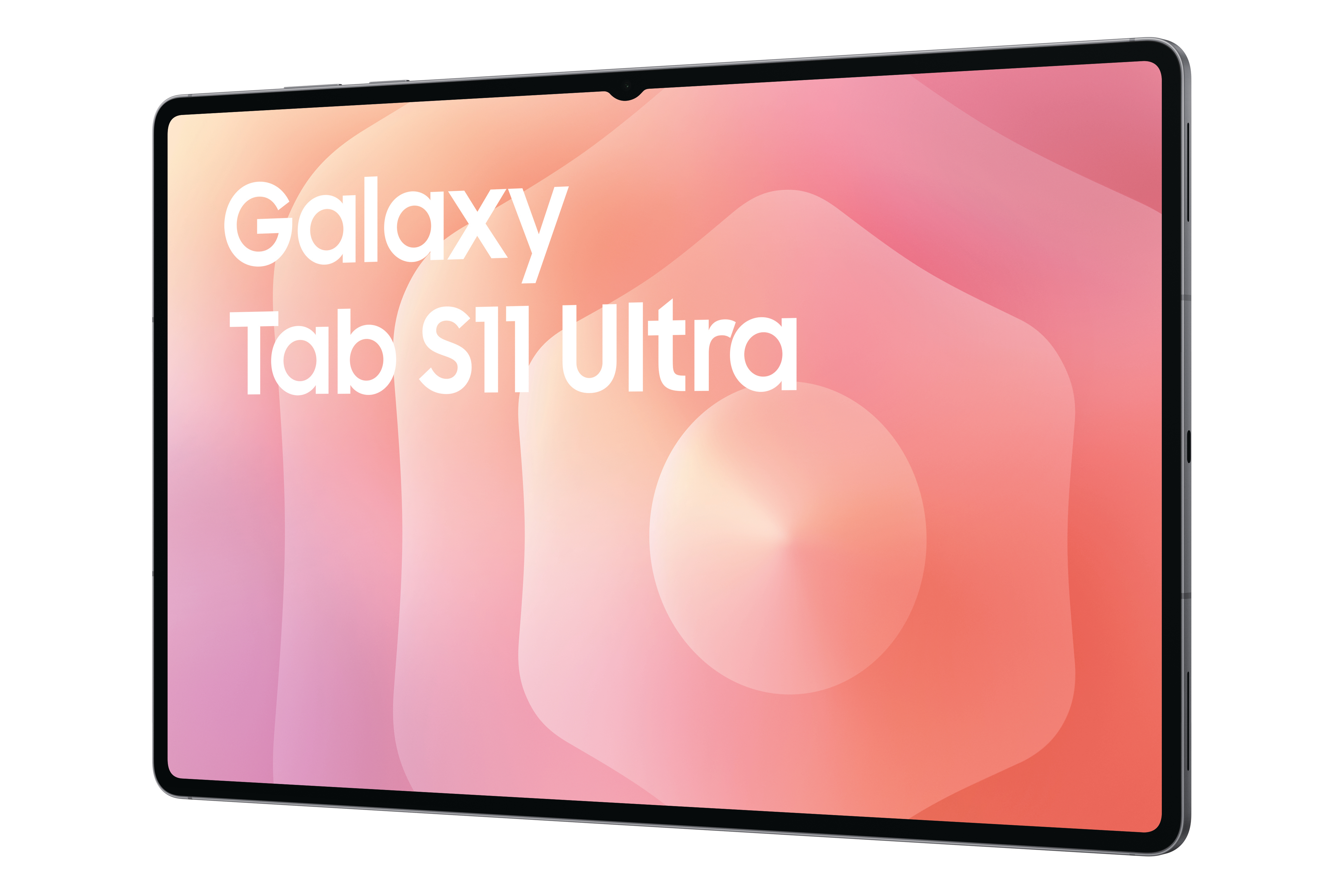 Ein Samsung Galaxy Tab S11 Ultra Tablet. Der Bildschirm zeigt einen Farbverlauf aus Pink und Orange mit dem Text 'Galaxy Tab S11 Ultra'.