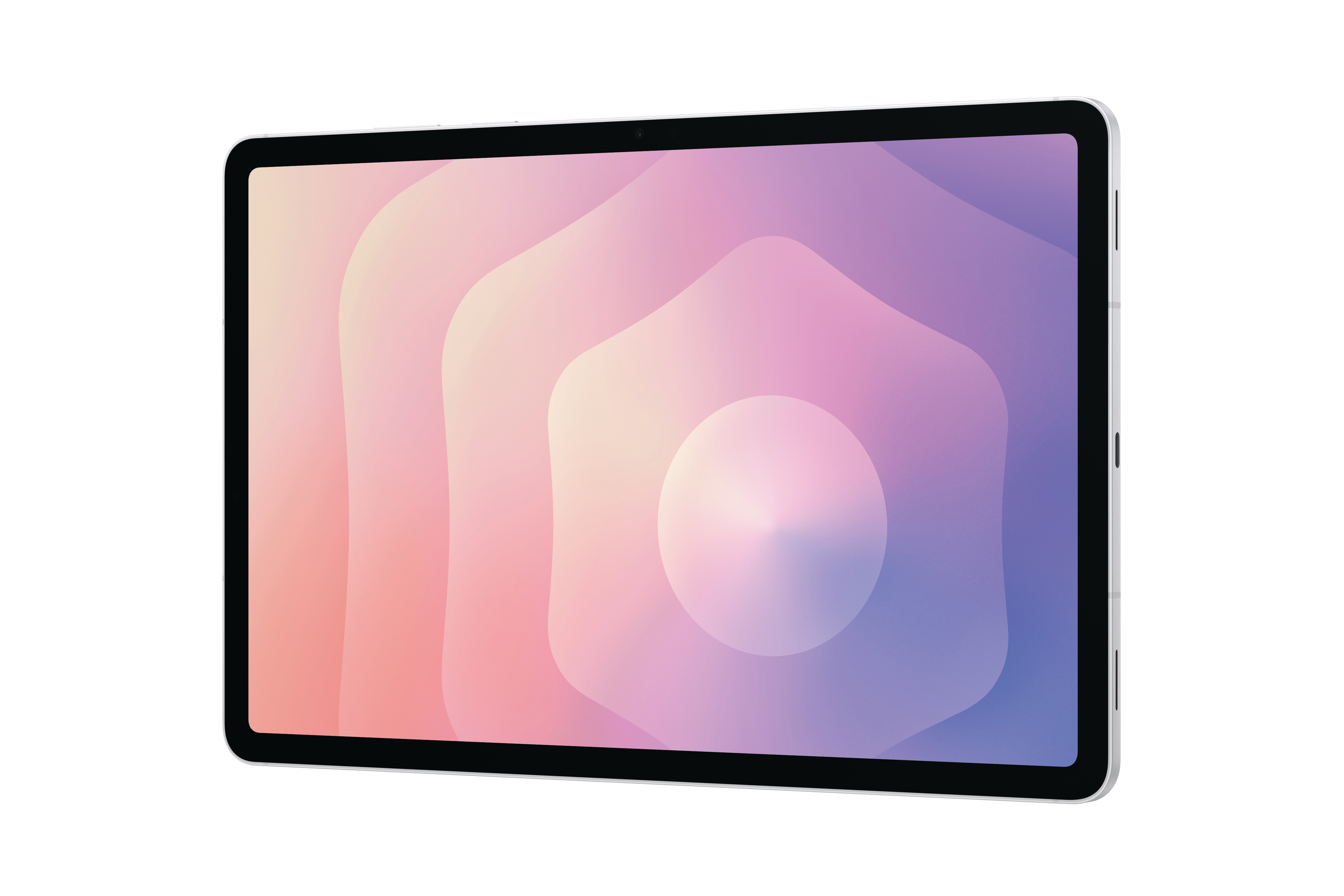 Ein Tablet vor weißem Hintergrund. Der Bildschirm zeigt einen Farbverlauf aus Rosa, Lila und Weiß.