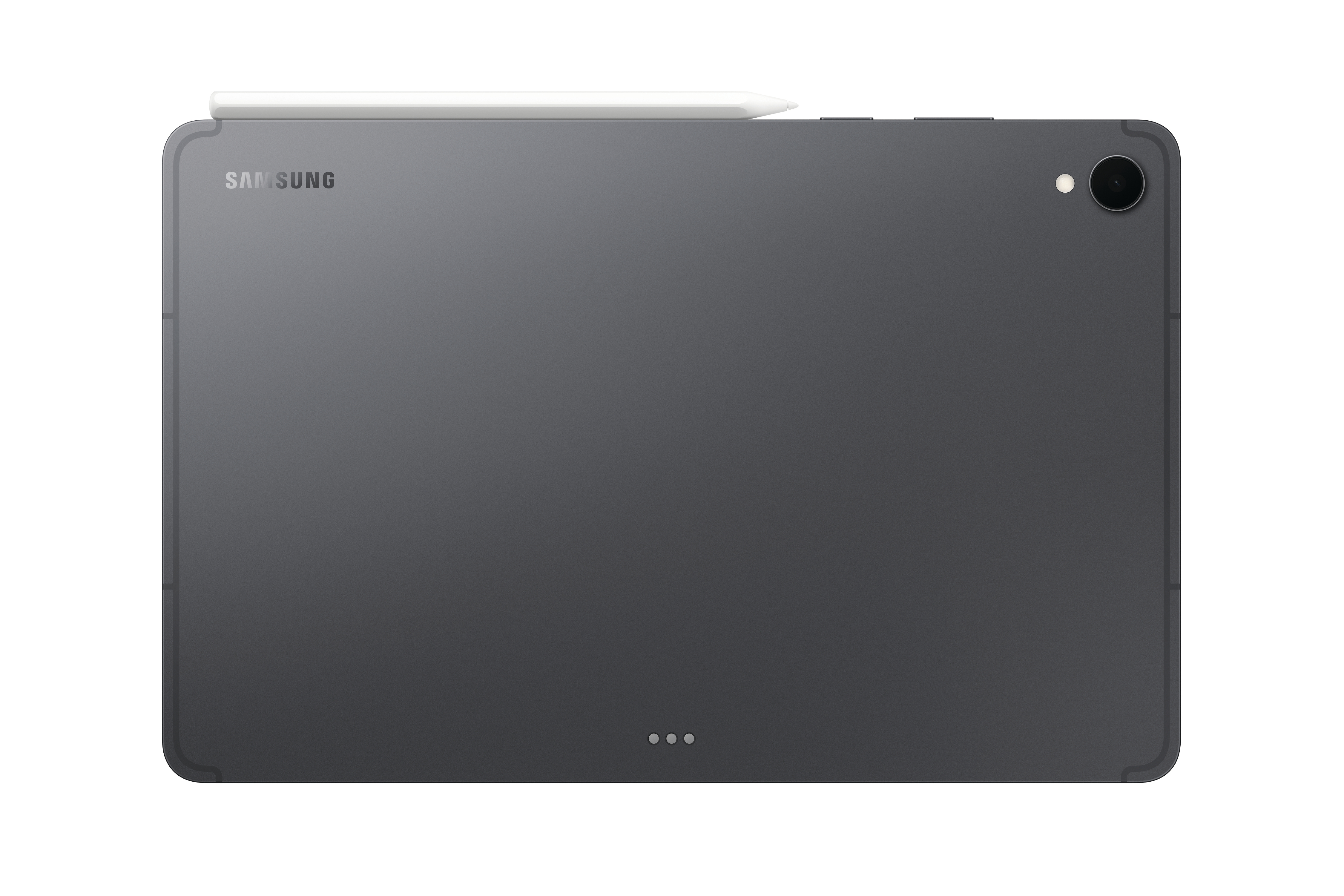 Dunkelgraues Tablet mit weißem Stift. Das Samsung-Logo ist sichtbar.