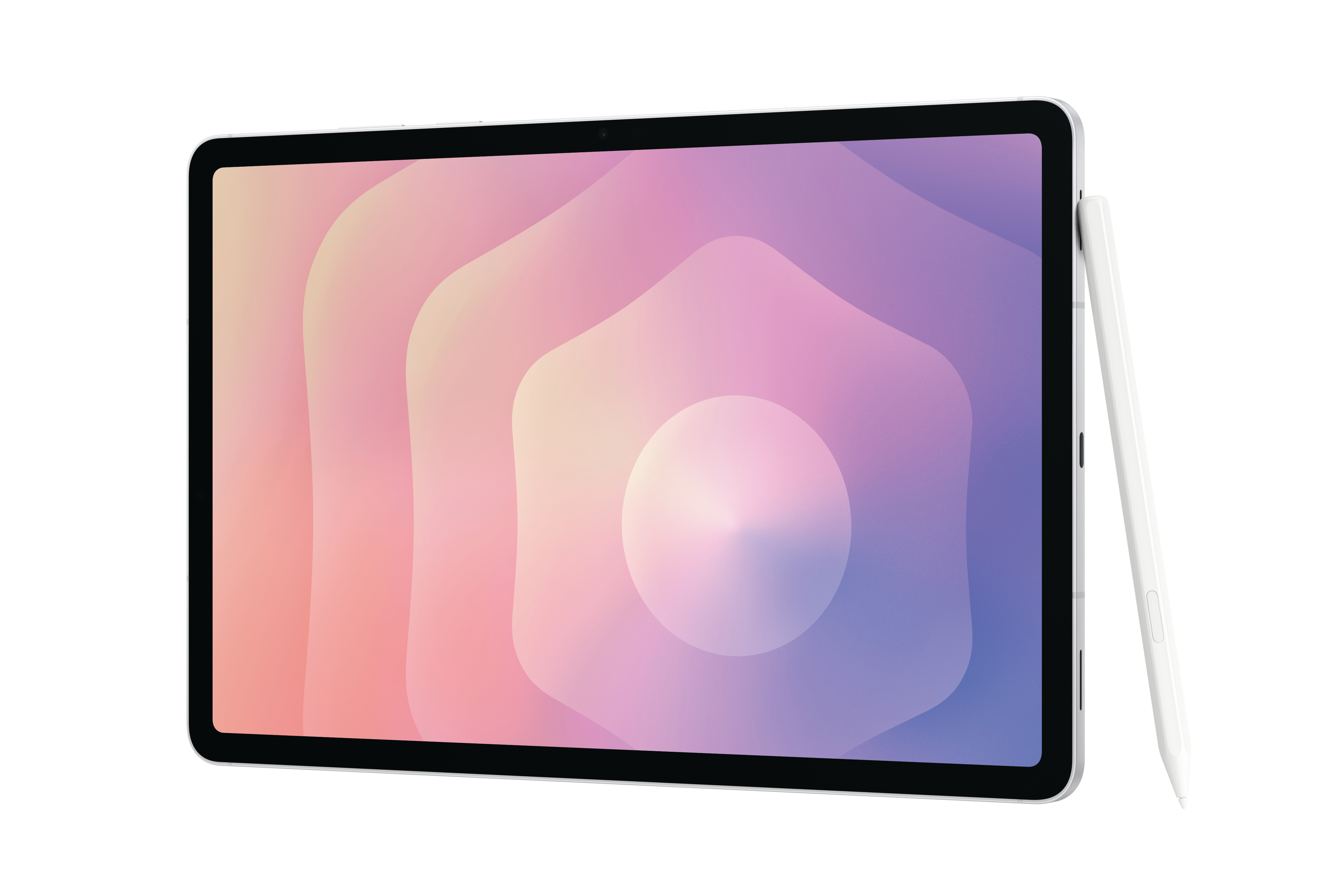 Ein Tablet mit farbenfrohem Gradienten-Display und einem weißen Stift, der an der Seite liegt, vor weißem Hintergrund.