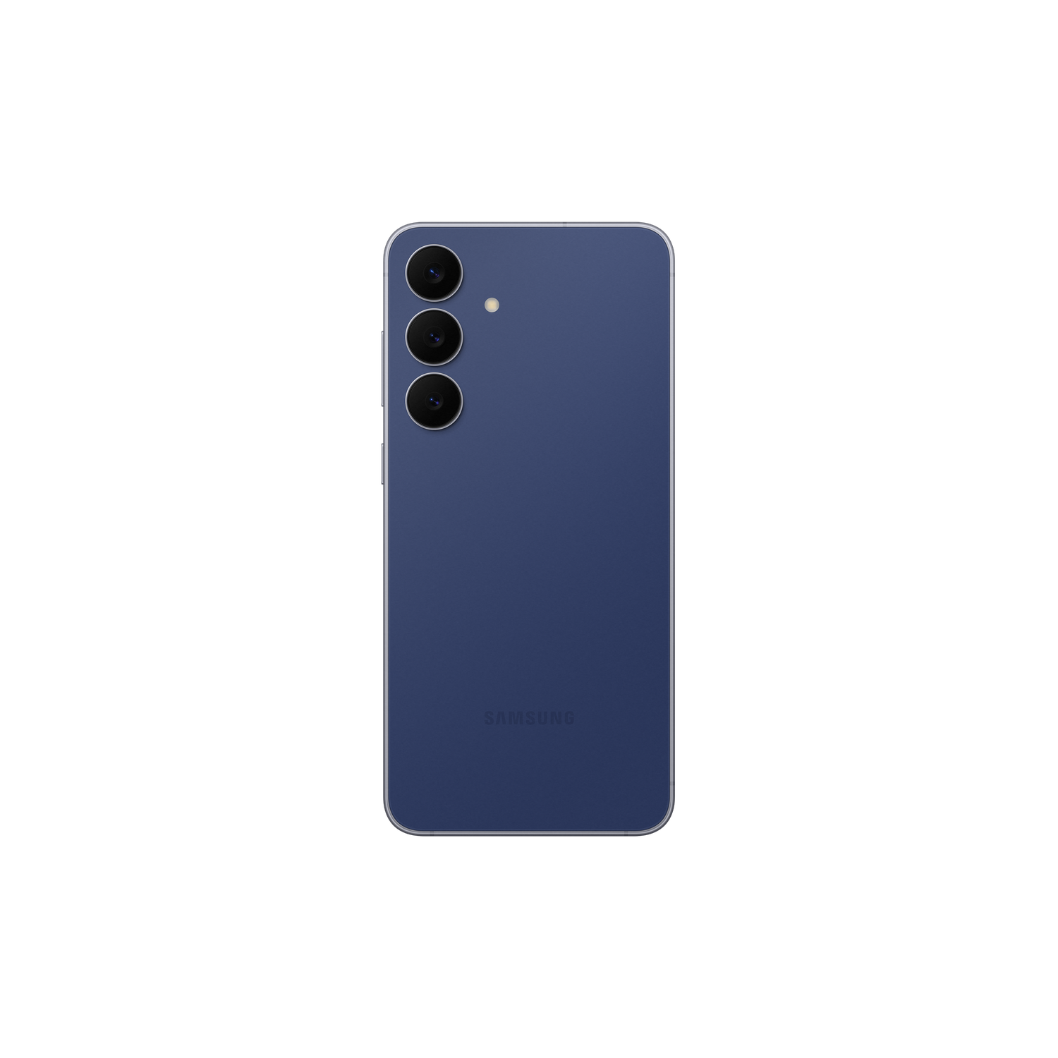 Achteraanzicht van een blauwe Samsung-smartphone. Het heeft drie cameralenzen en een flitser. Het Samsung-logo is onderaan zichtbaar.