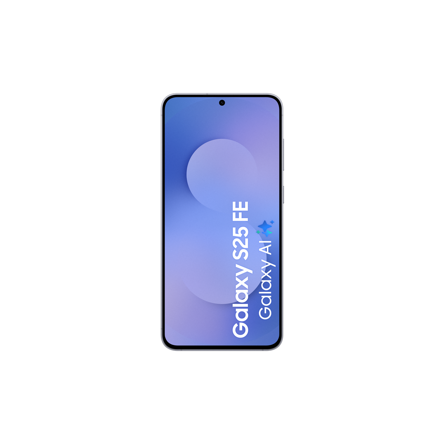 Een smartphone met een blauw scherm met een cirkel en de tekst 'Galaxy S25 FE Galaxy AI' op een witte achtergrond.