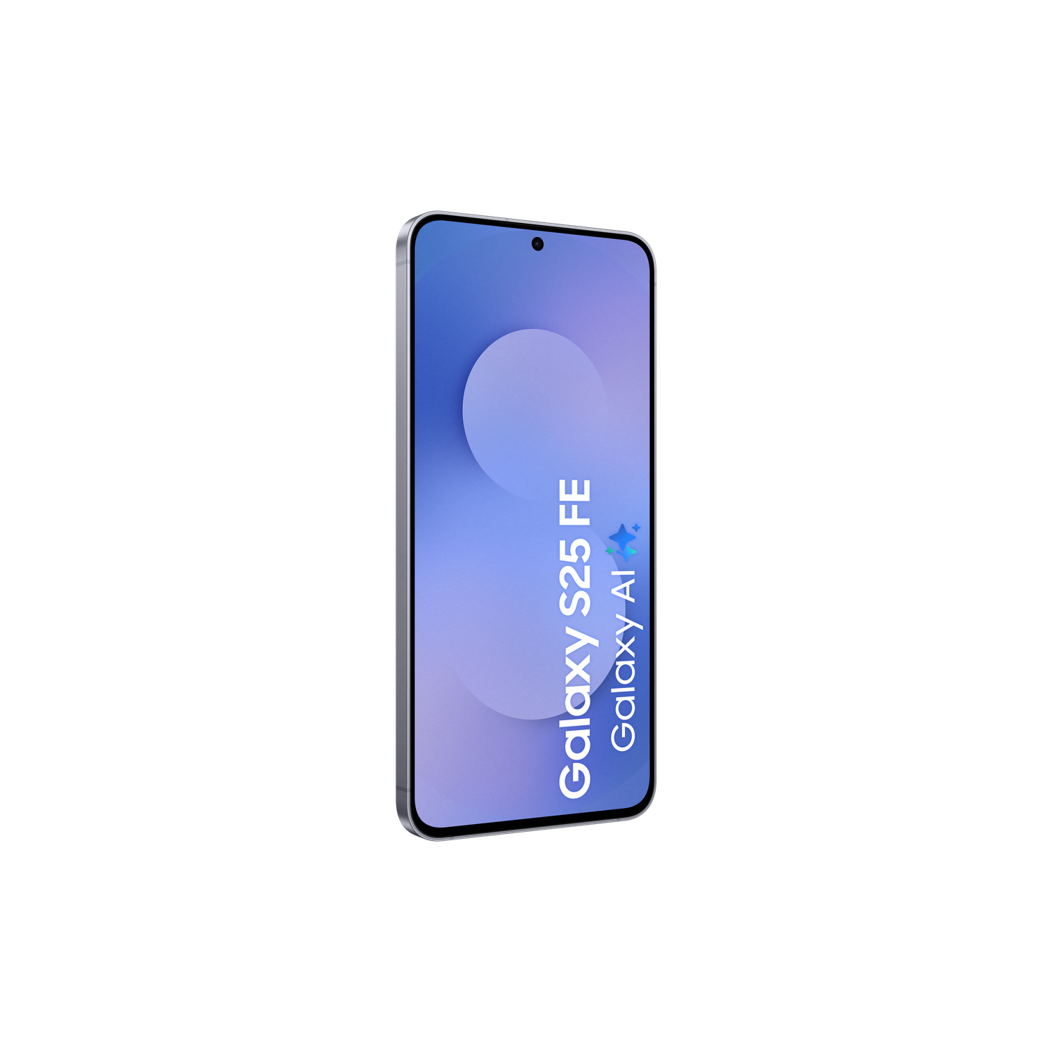 Een smartphone met een blauw scherm met een cirkelvormig ontwerp en de tekst 'Galaxy S25 FE Galaxy AI' op een witte achtergrond.