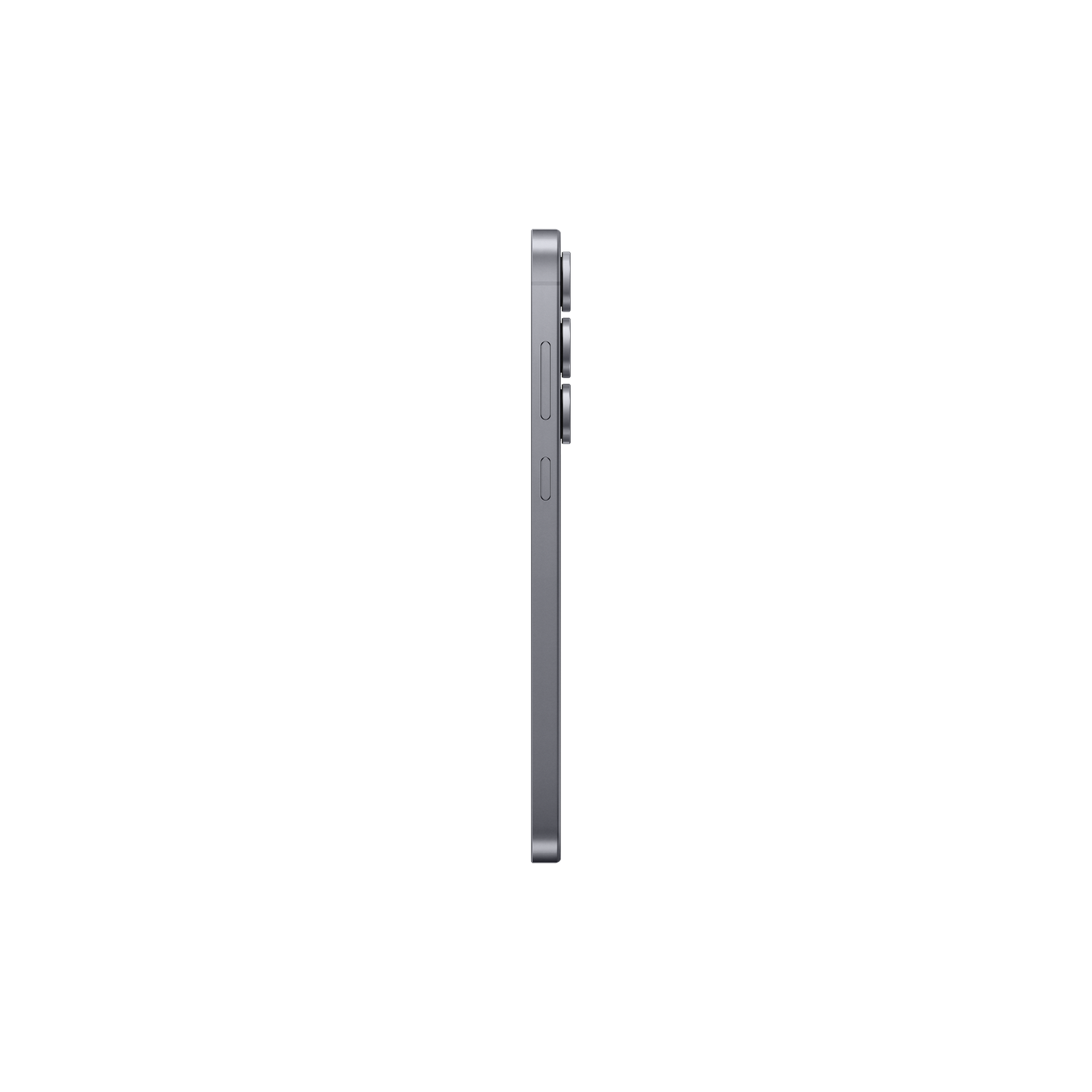 Zijaanzicht van een grijze smartphone. Het heeft een cameramodule met 3 lenzen en volume/aan-uit-knoppen.
