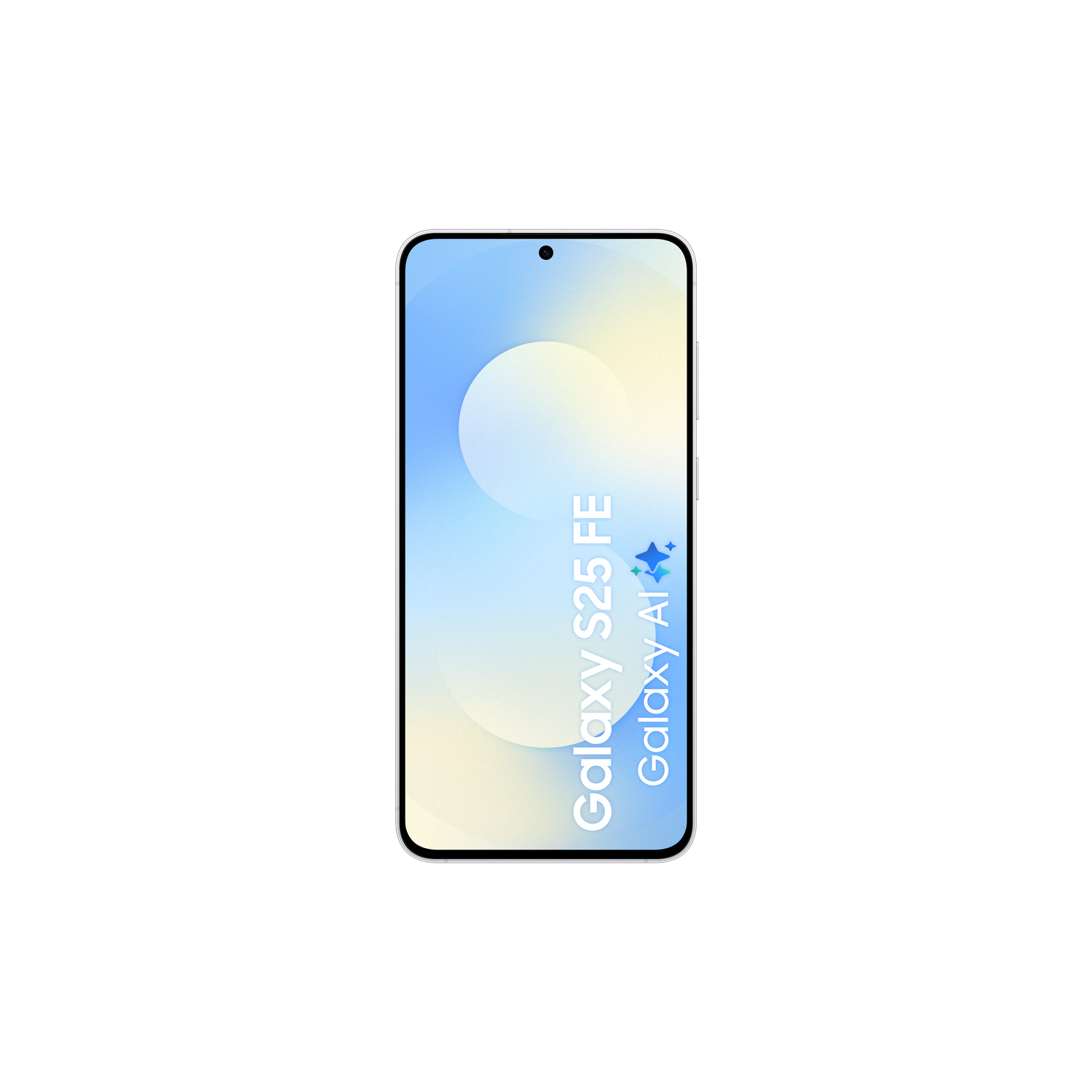 Een smartphone met een lichtblauwe en gele gradiënt scherm. De tekst op het scherm luidt 'Galaxy S25 FE' en 'Galaxy AI'.