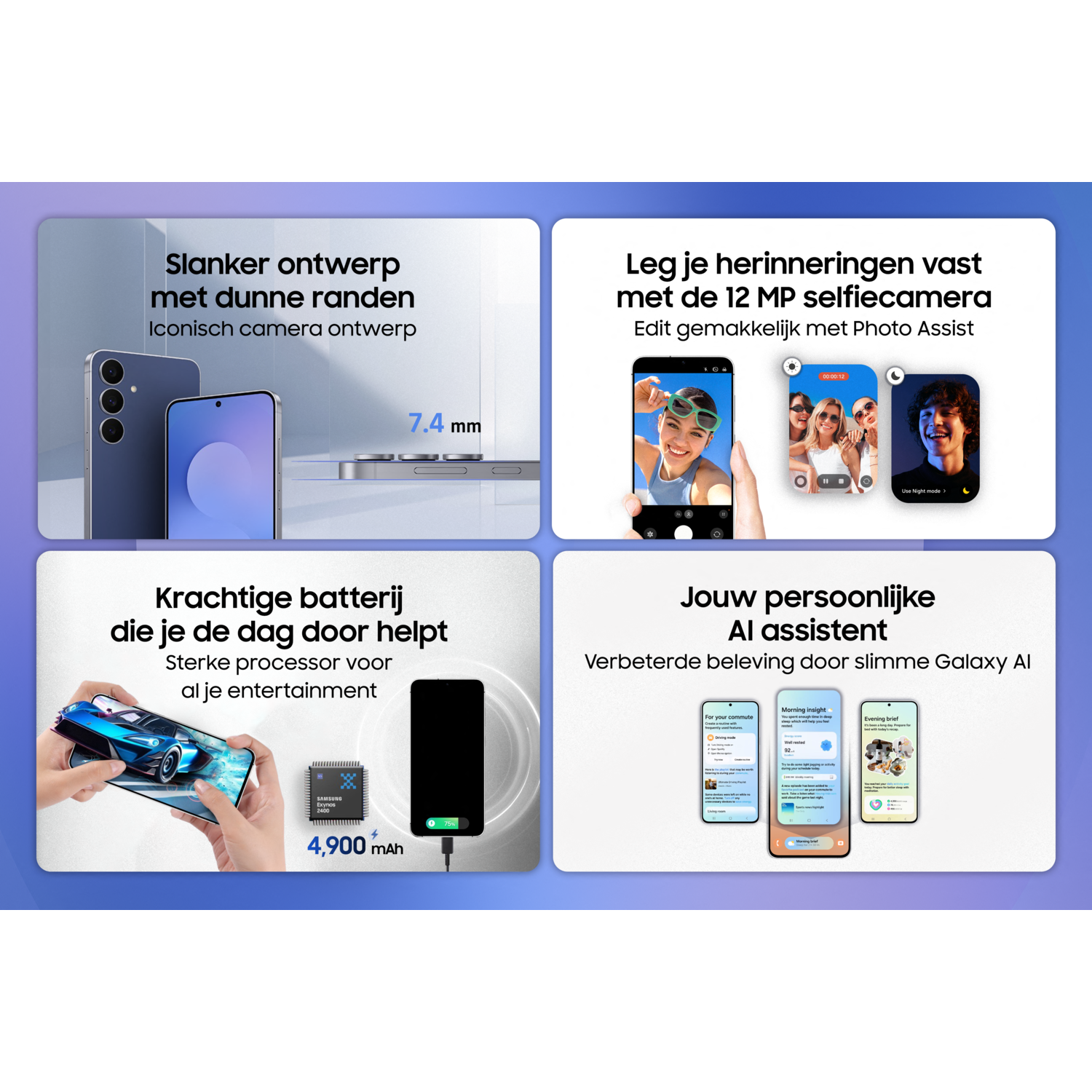 Afbeelding toont een telefoon met slank ontwerp, 12MP selfiecamera, sterke batterij en AI-assistentfuncties.
