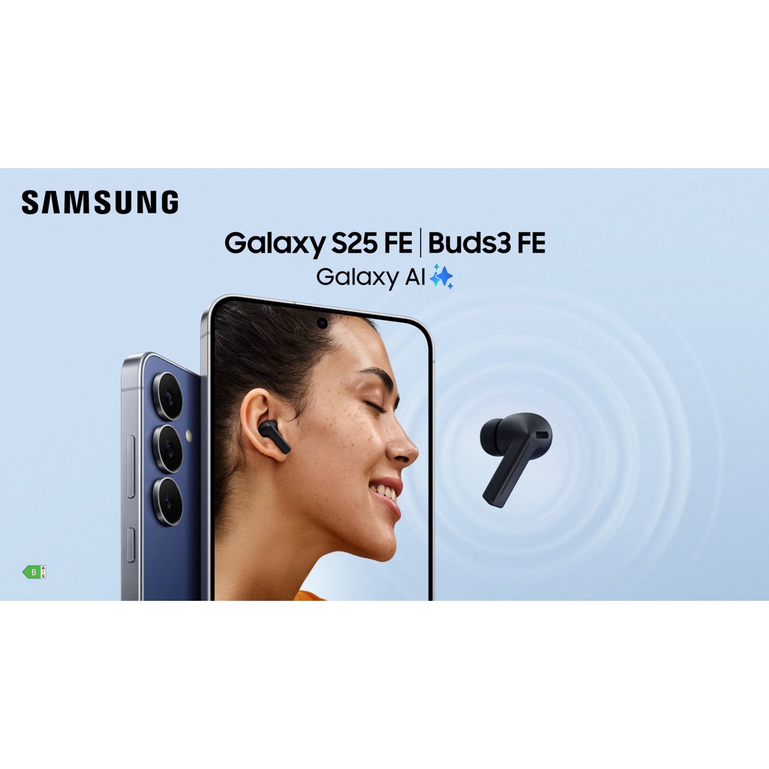 Samsung-advertentie met een vrouw met oordopjes en een telefoon. De telefoon toont een lachende vrouw met oordopjes.
