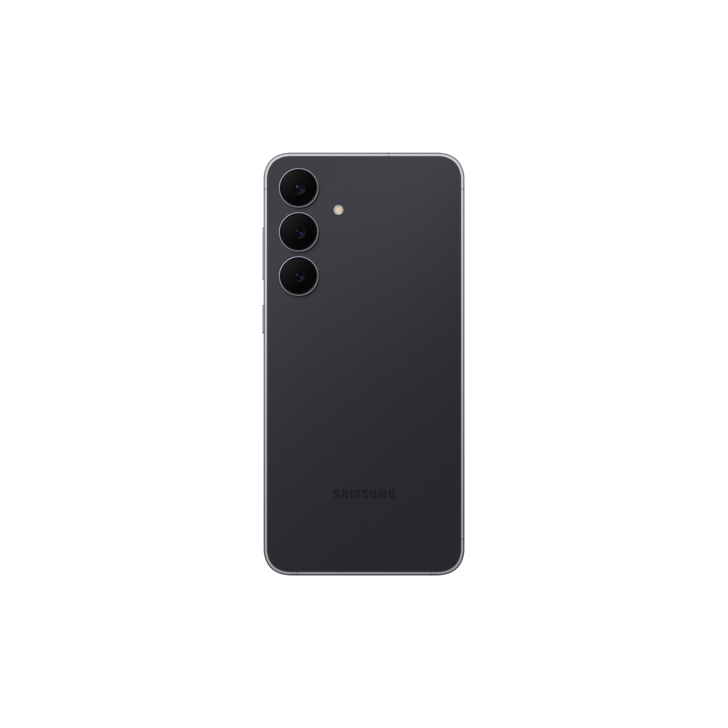 A dark gray Samsung smartphone back is shown. It has three camera lenses and a flash. The Samsung logo is visible.