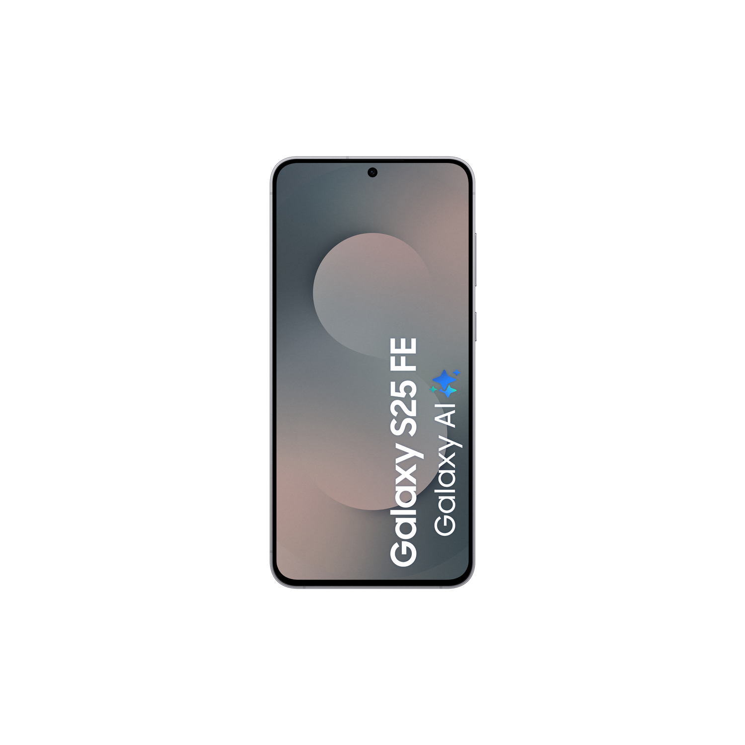 A smartphone with a screen displaying a gradient circle, the text 'Galaxy S25 FE Galaxy AI', and a camera in the top center.