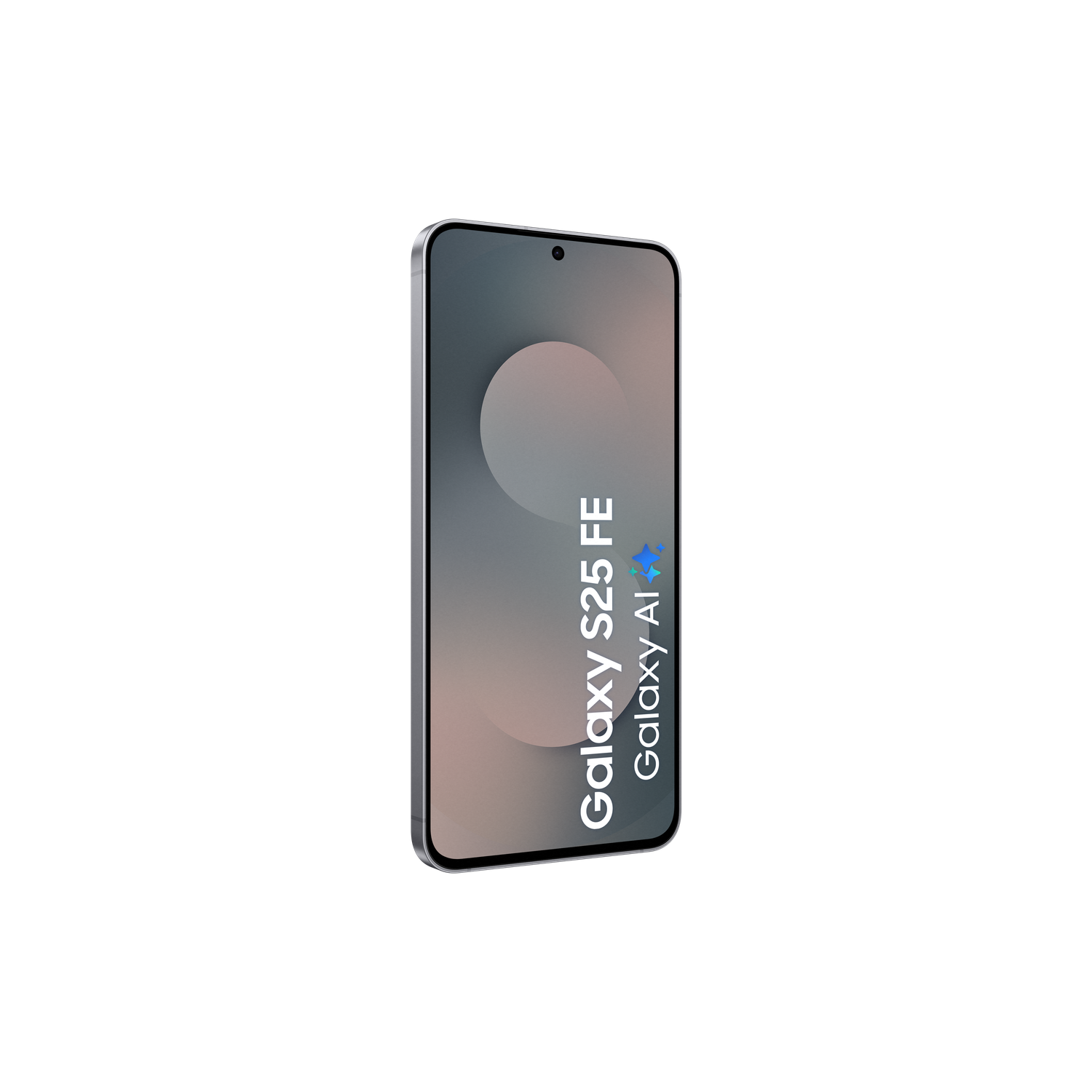 A smartphone, Galaxy S25 FE, is shown at an angle. The screen displays a gradient of gray and a large, light circle.