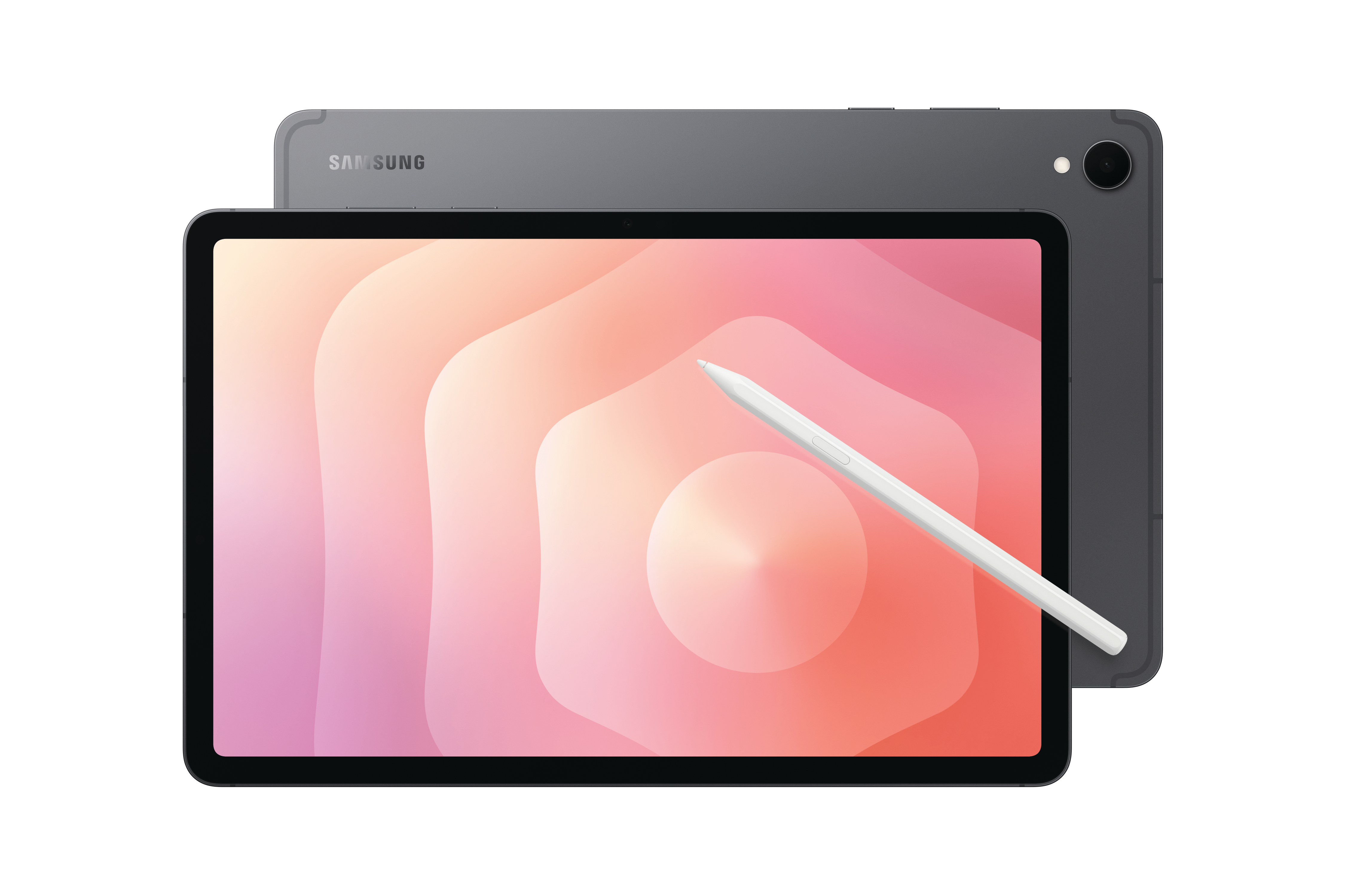 Ein graues Samsung-Tablet mit sichtbarer Rückseite und einem Stift. Der Bildschirm zeigt ein abstraktes Design in Pink und Orange.
