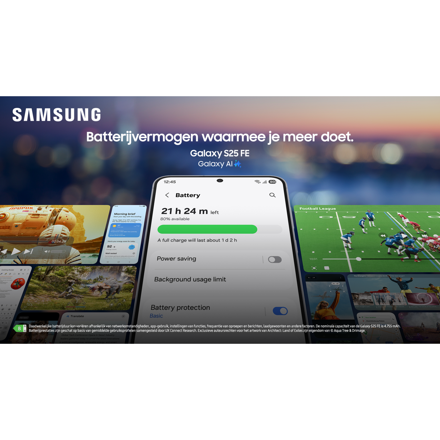 Samsung phone showing battery info, apps, and football. Text says 'Galaxy S25 FE'. Background is blurred.