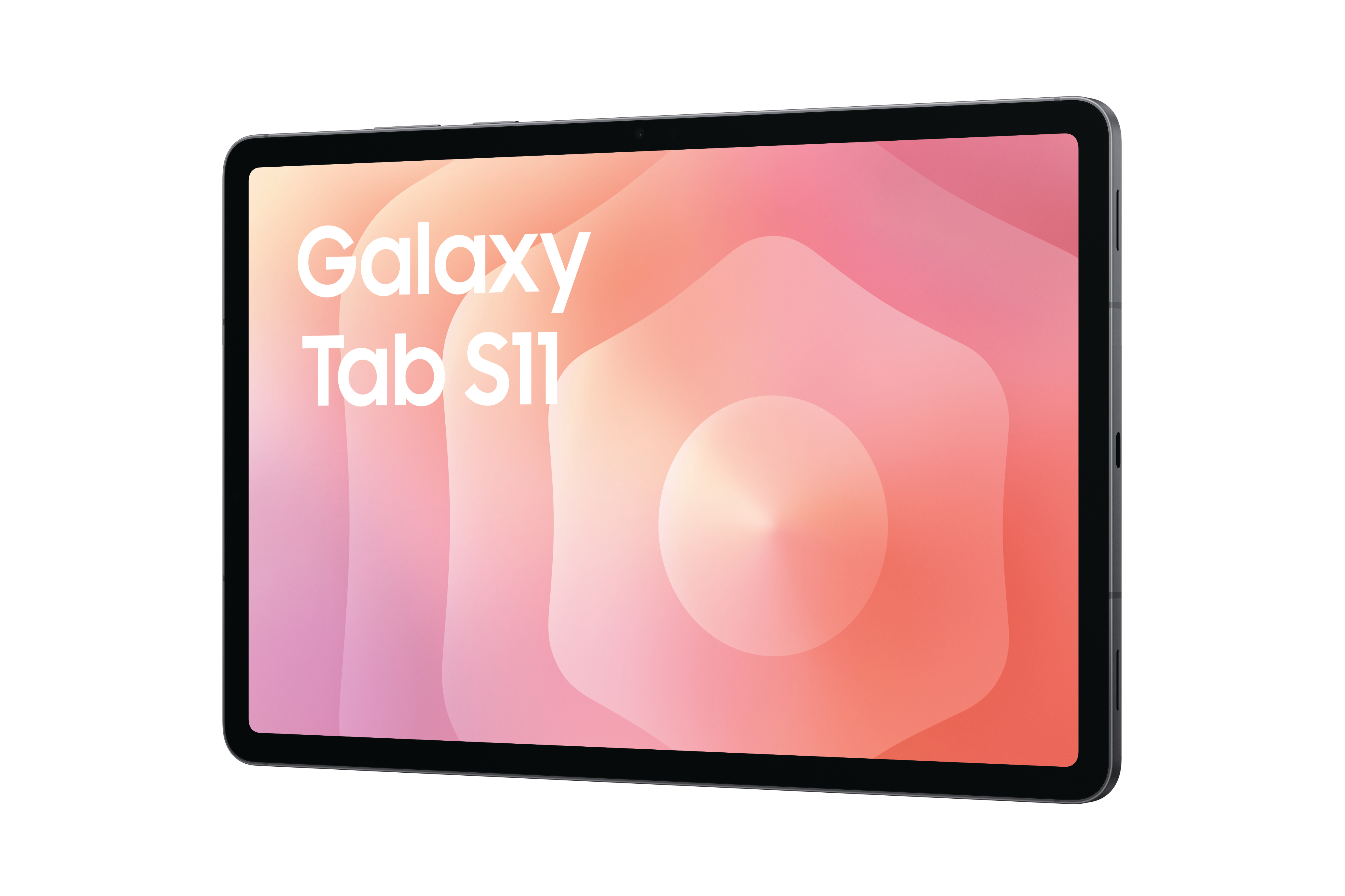 Ein schwarzes Galaxy Tab S11 auf weißem Hintergrund. Der Bildschirm zeigt einen rosa-orangenen Farbverlauf mit dem Text 'Galaxy Tab S11'.