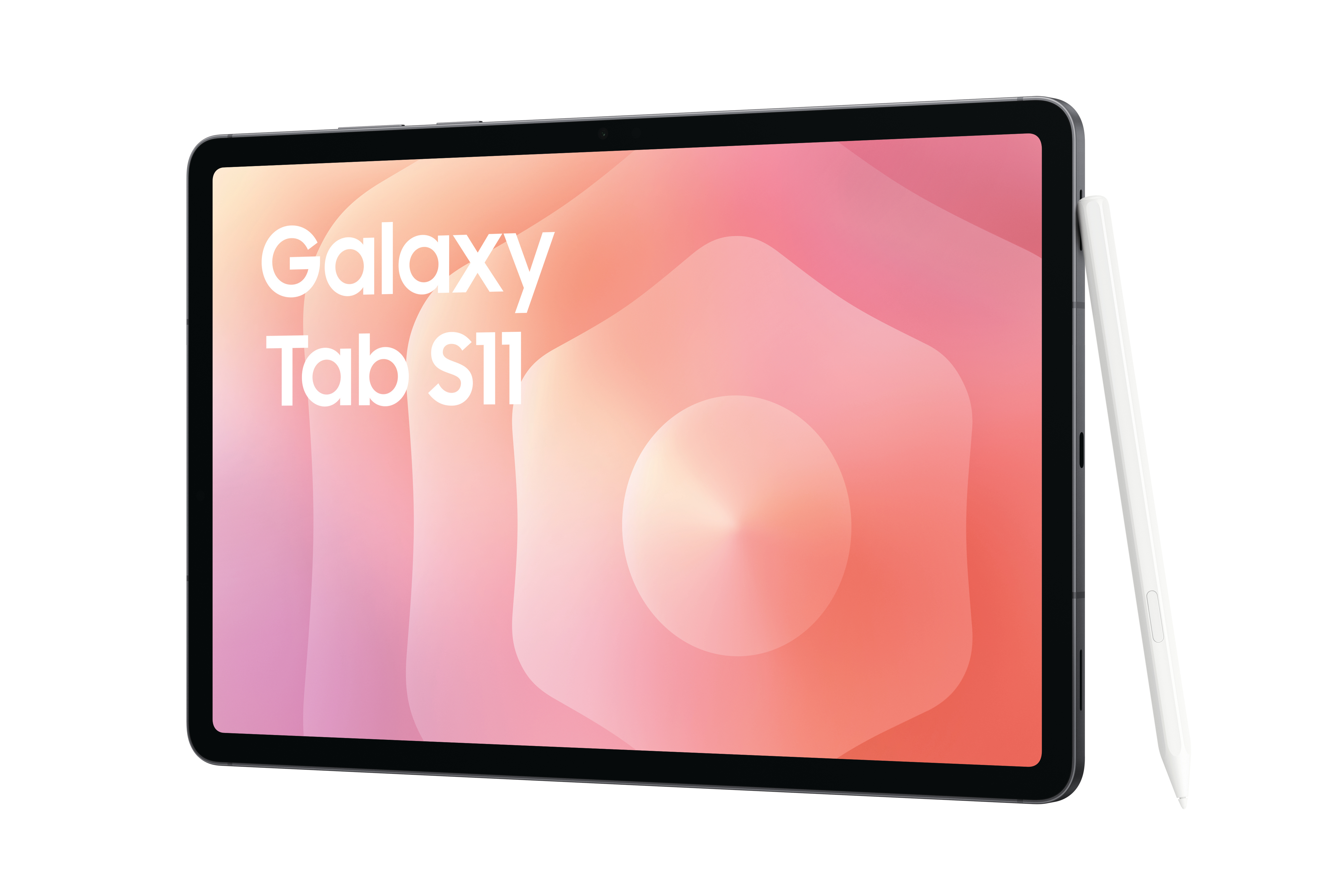 Ein Tablet mit dem Text 'Galaxy Tab S11' auf dem Bildschirm und einem weißen Stift. Der Bildschirm zeigt ein rosa-orangenes Muster.