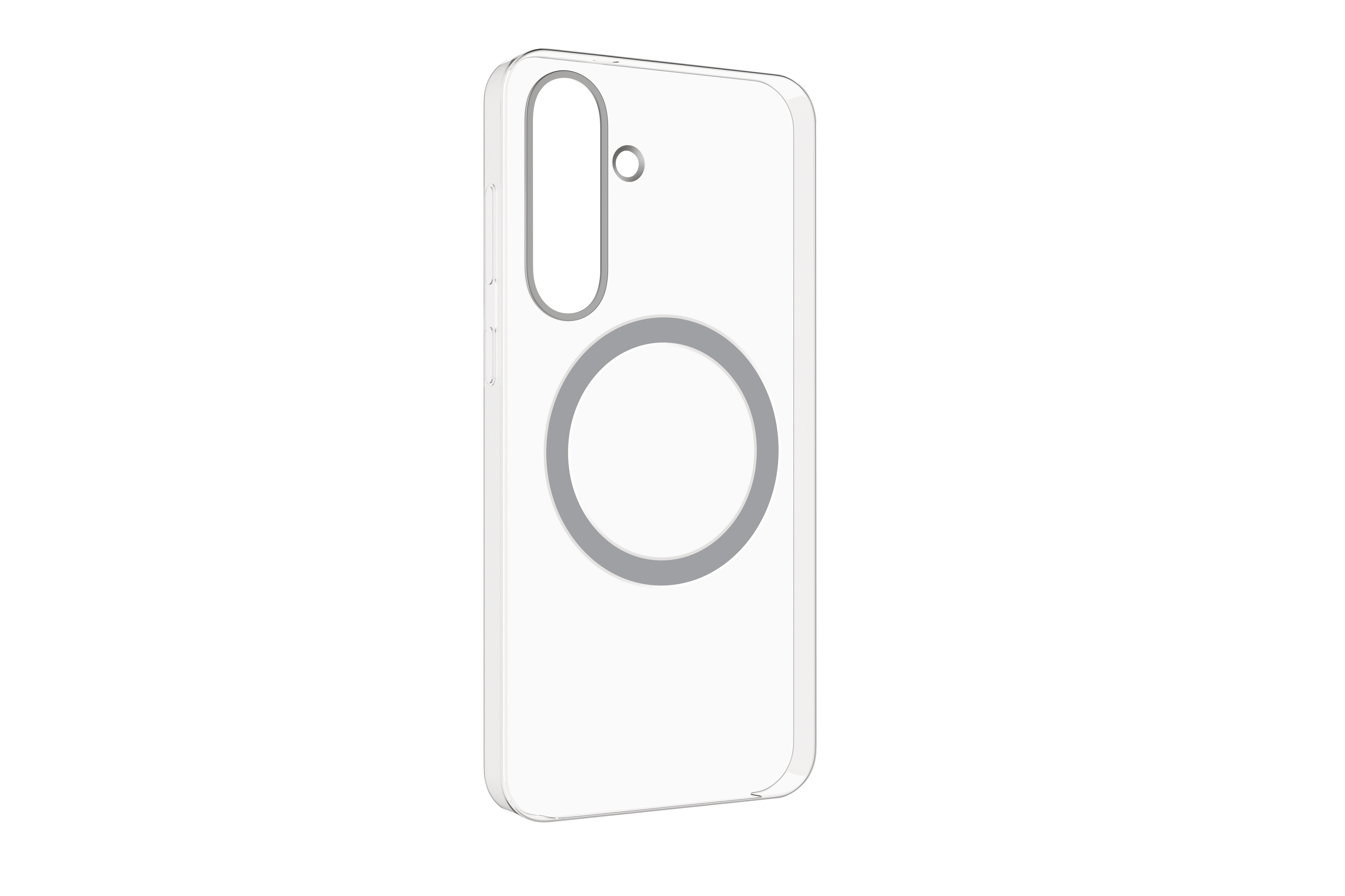 Eine transparente Handyhülle mit grauem Ring und Kameraumriss auf weißem Hintergrund.